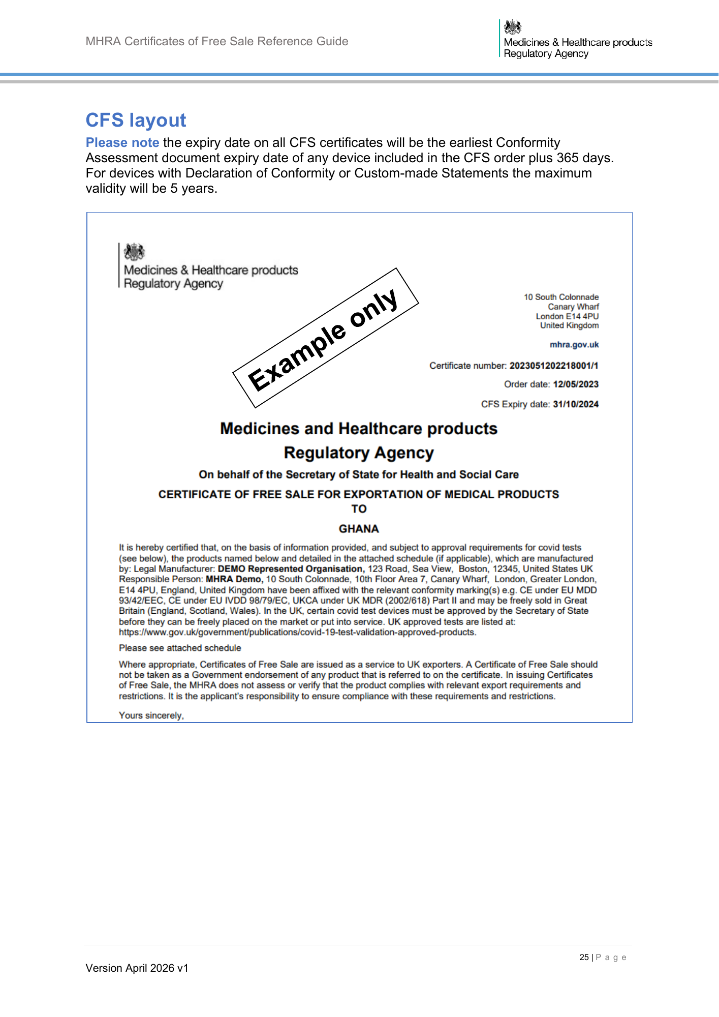 MHRA Certificates of Free Sale Reference Guide April 2026 v1 — official PDF page 26