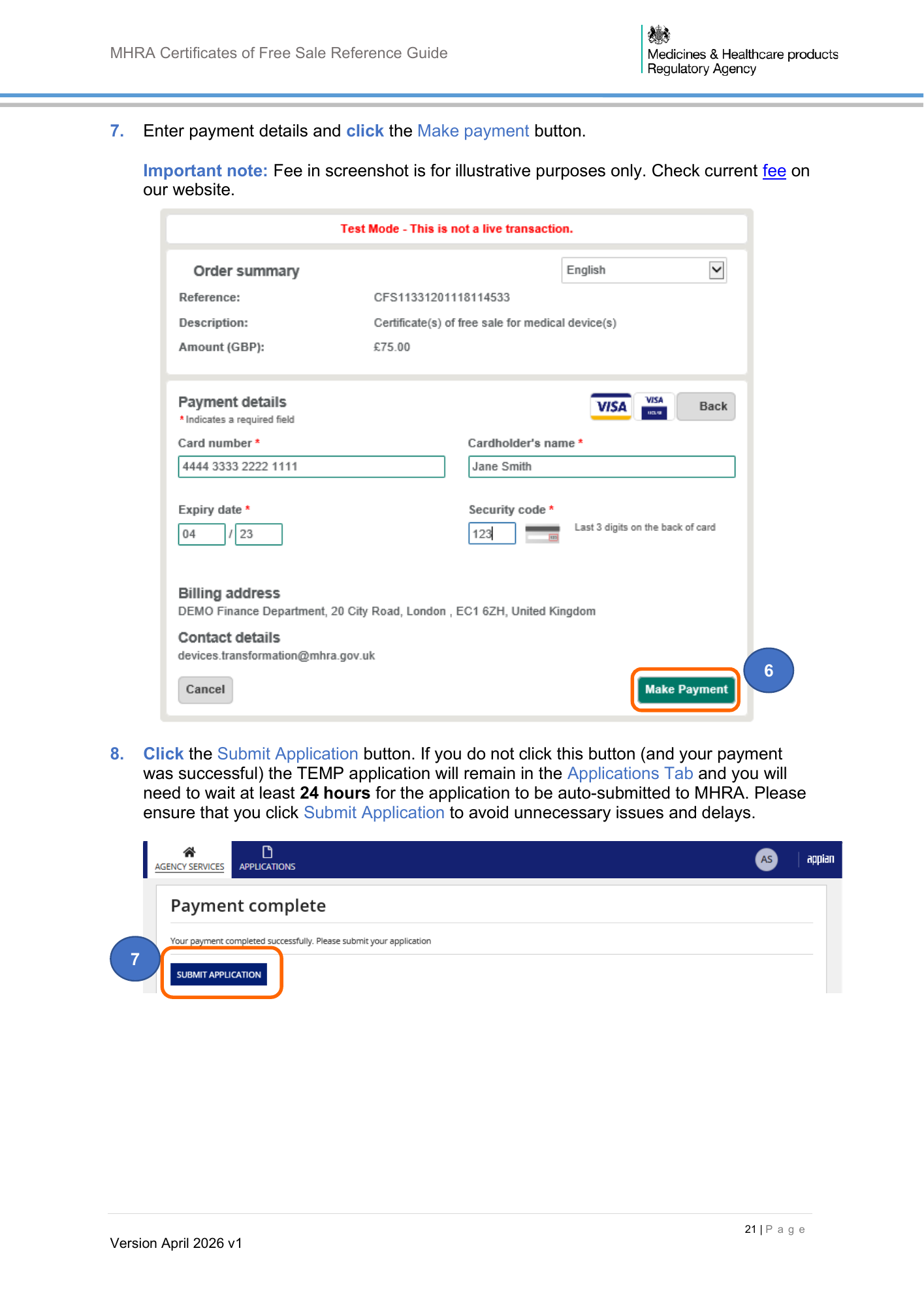 MHRA Certificates of Free Sale Reference Guide April 2026 v1 — official PDF page 22