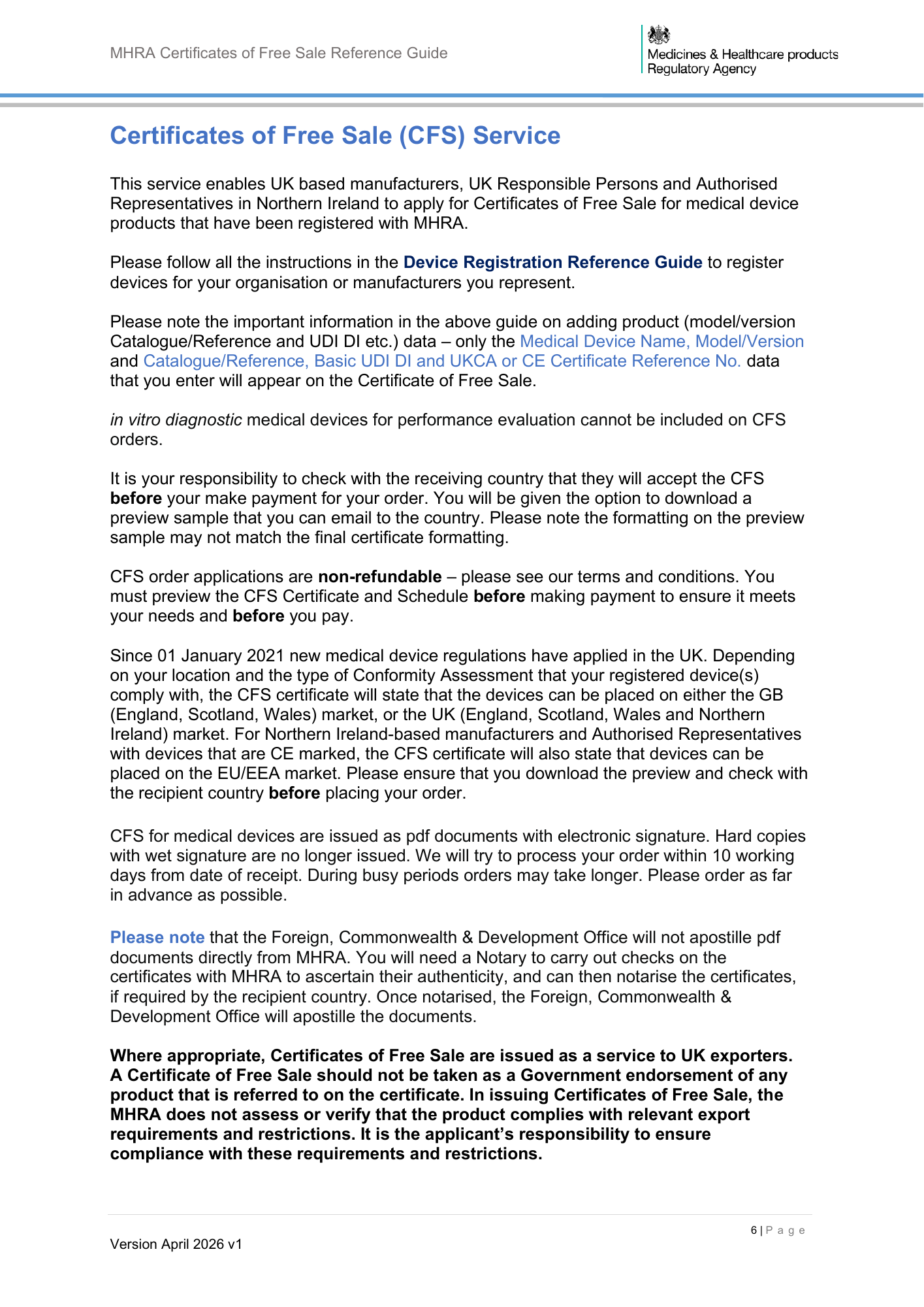 MHRA Certificates of Free Sale Reference Guide April 2026 v1 — official PDF page 7