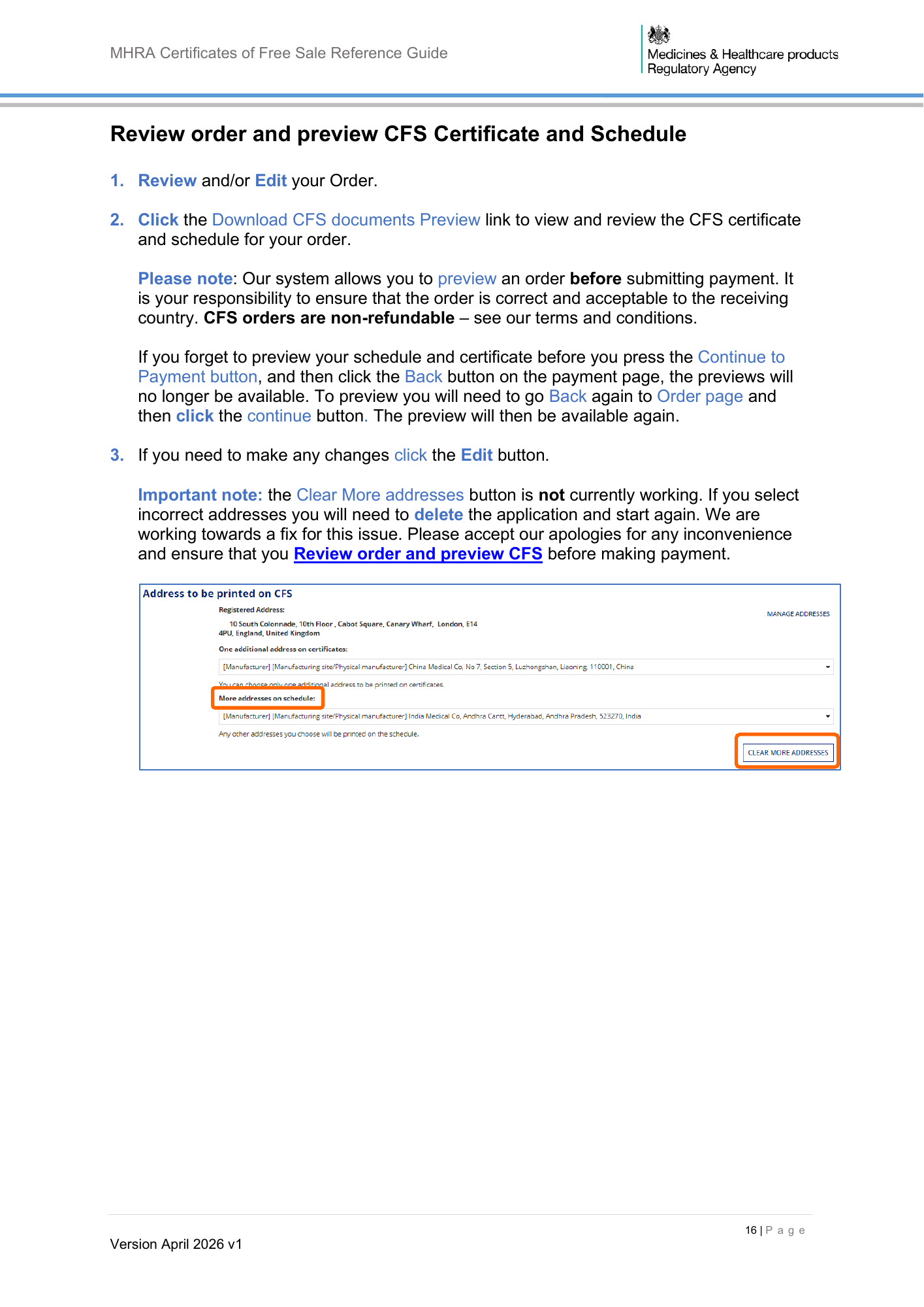 MHRA Certificates of Free Sale Reference Guide April 2026 v1 — official PDF page 17