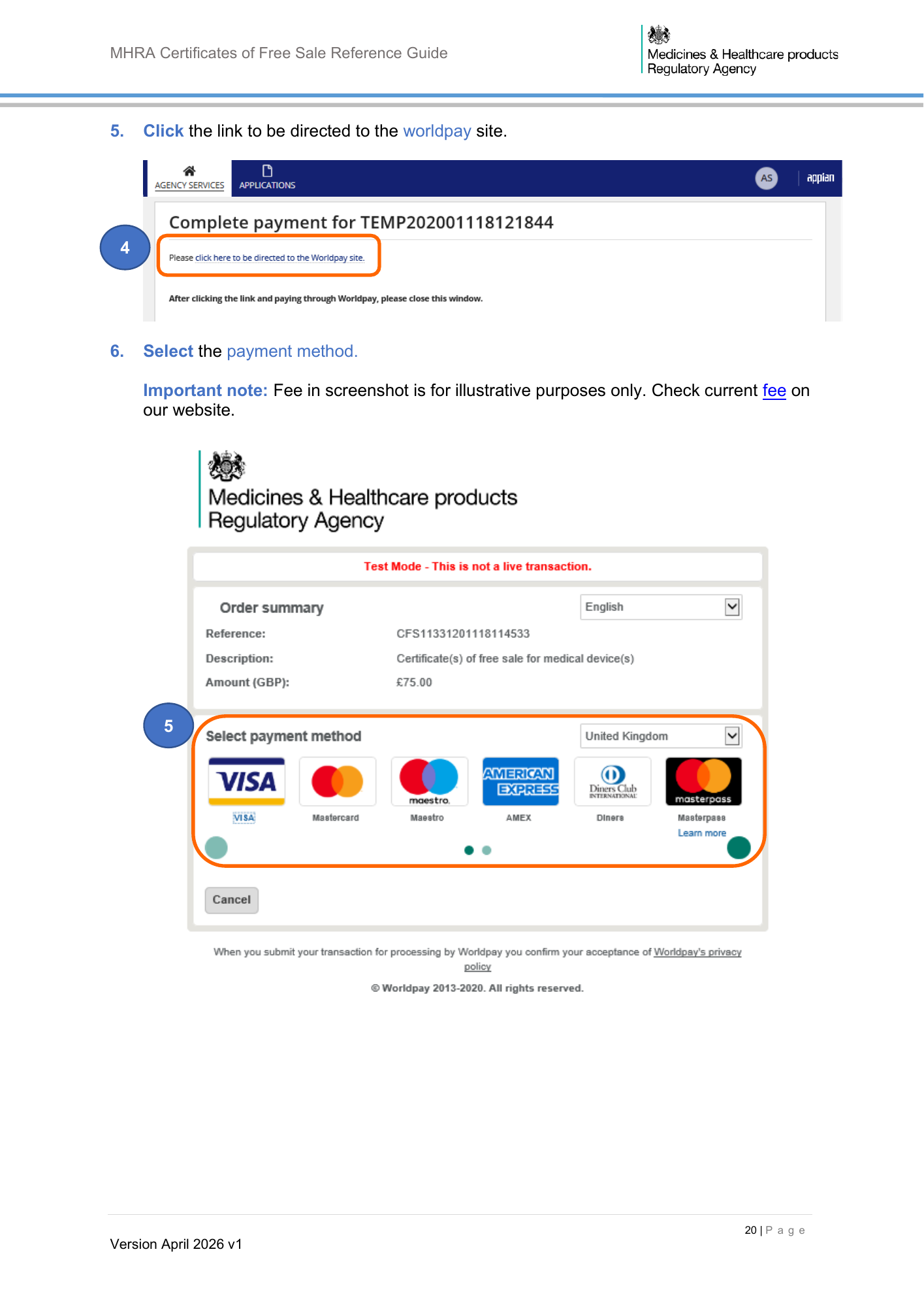 MHRA Certificates of Free Sale Reference Guide April 2026 v1 — official PDF page 21