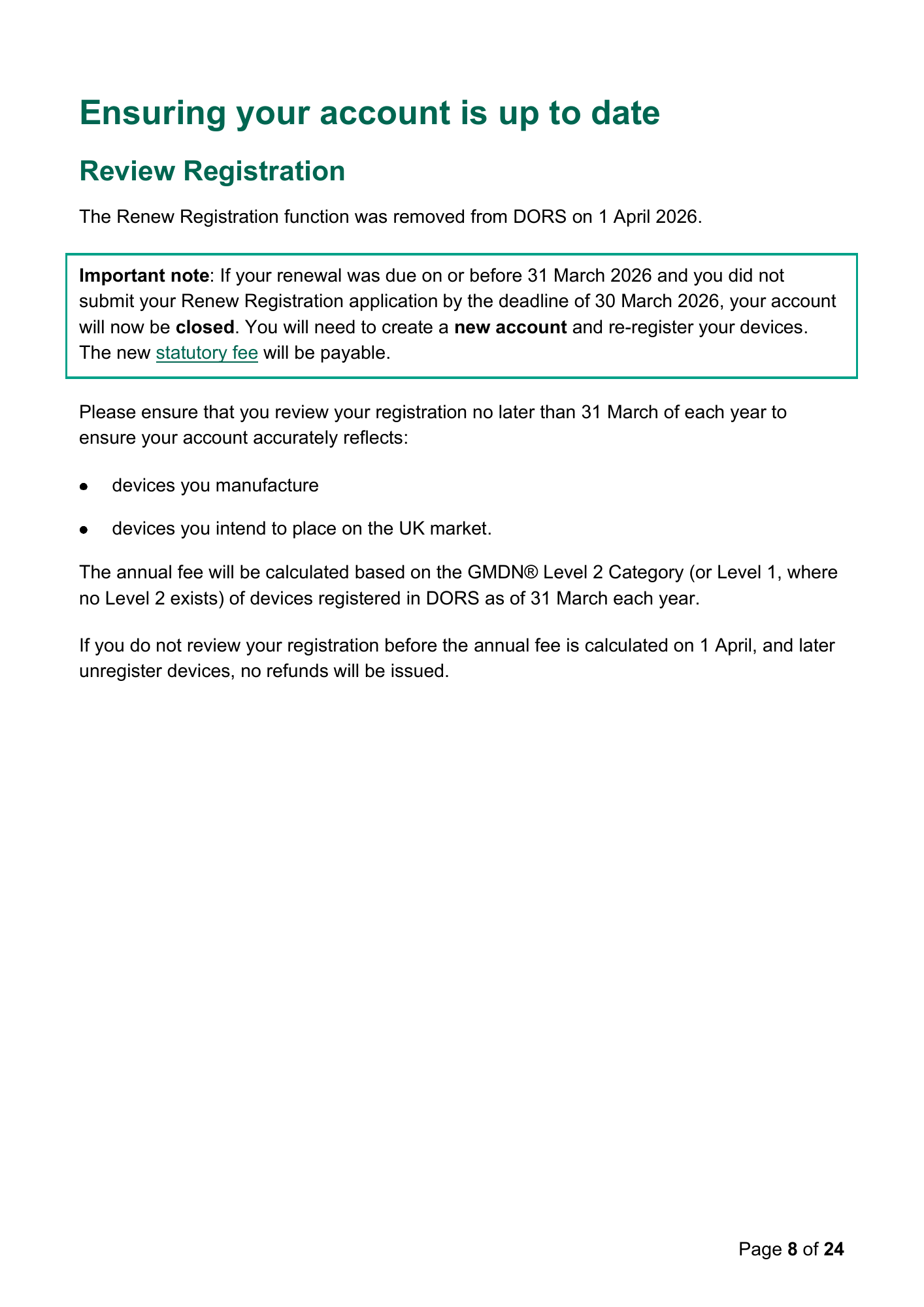 MHRA Device Registration Fee Guidance, April 2026 — official PDF page 8