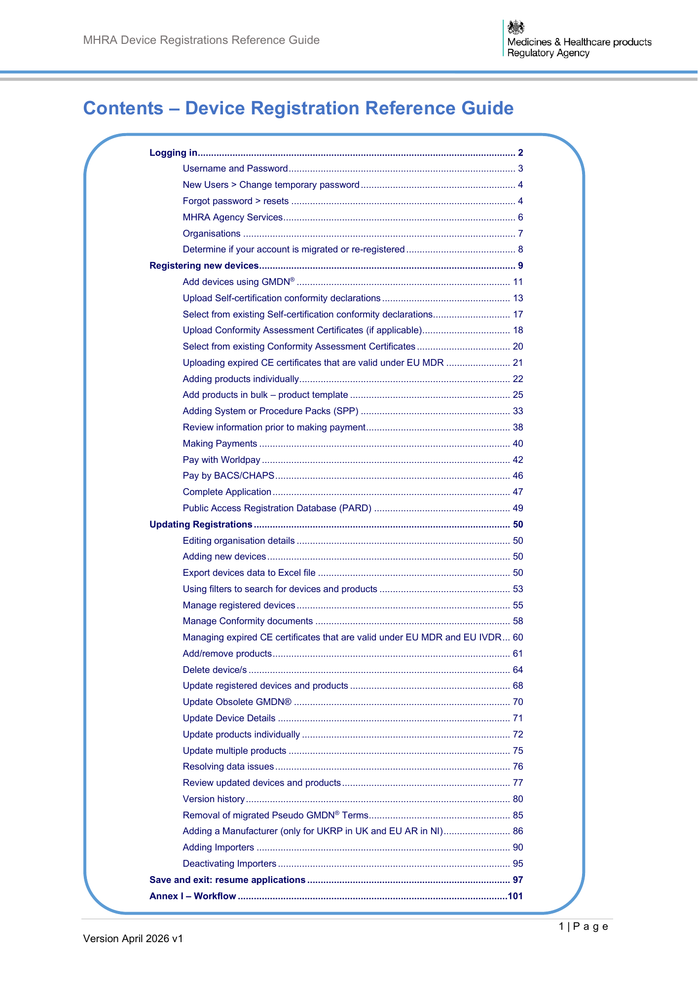 MHRA Device Registration Reference Guide, April 2026 v1 — official PDF page 2