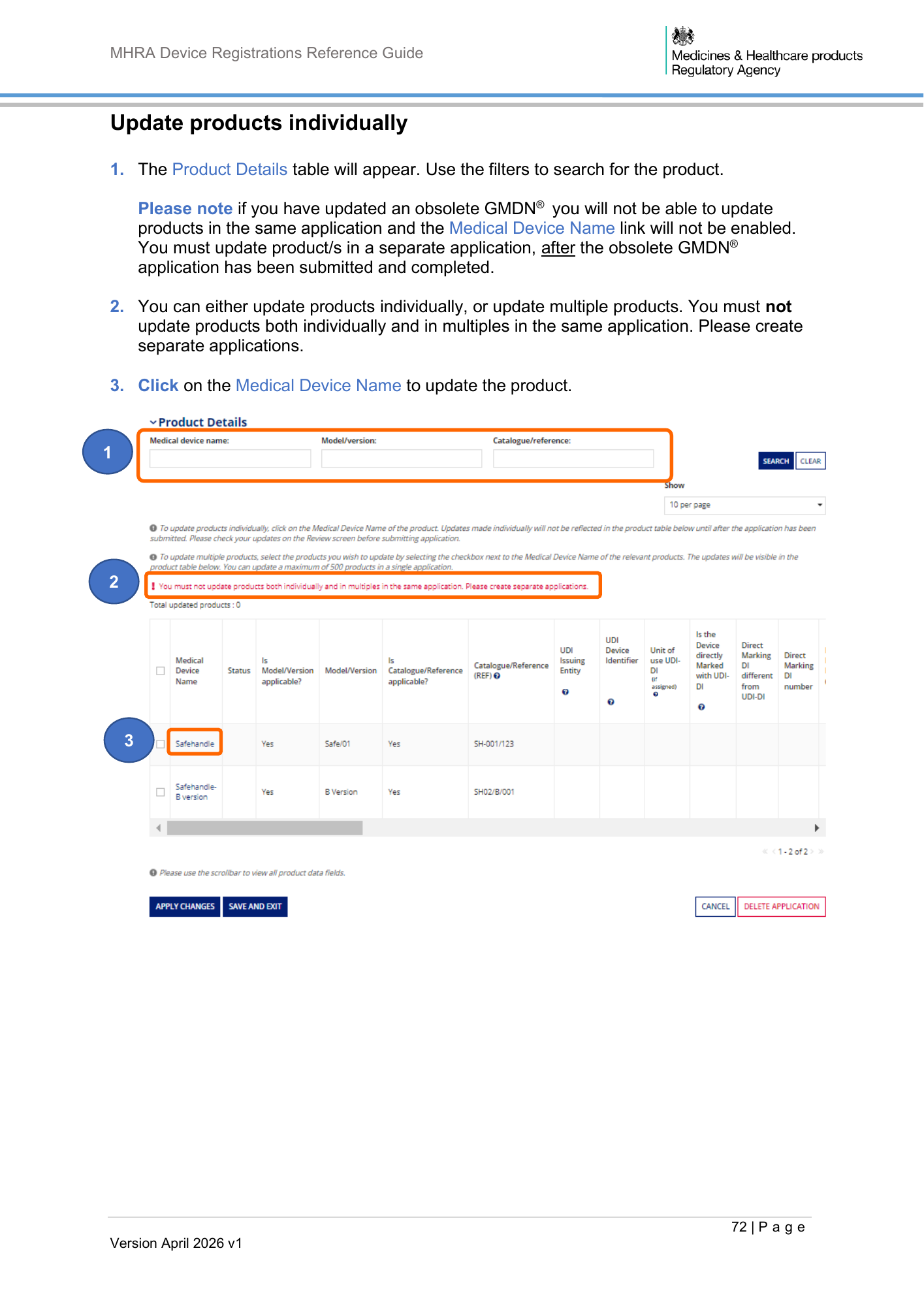 MHRA Device Registration Reference Guide, April 2026 v1 — official PDF page 73