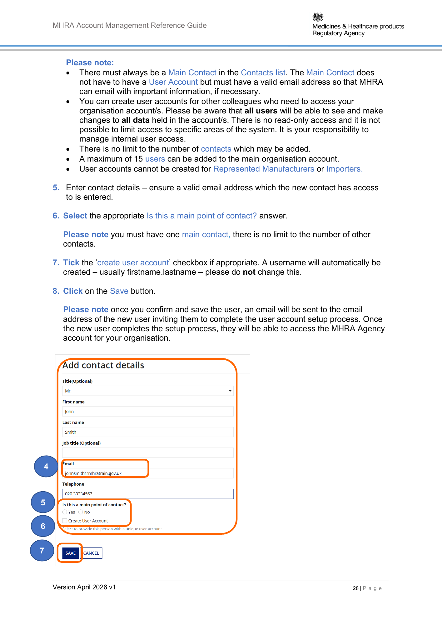 MHRA Account Management Reference Guide, April 2026 v1 — official PDF page 29