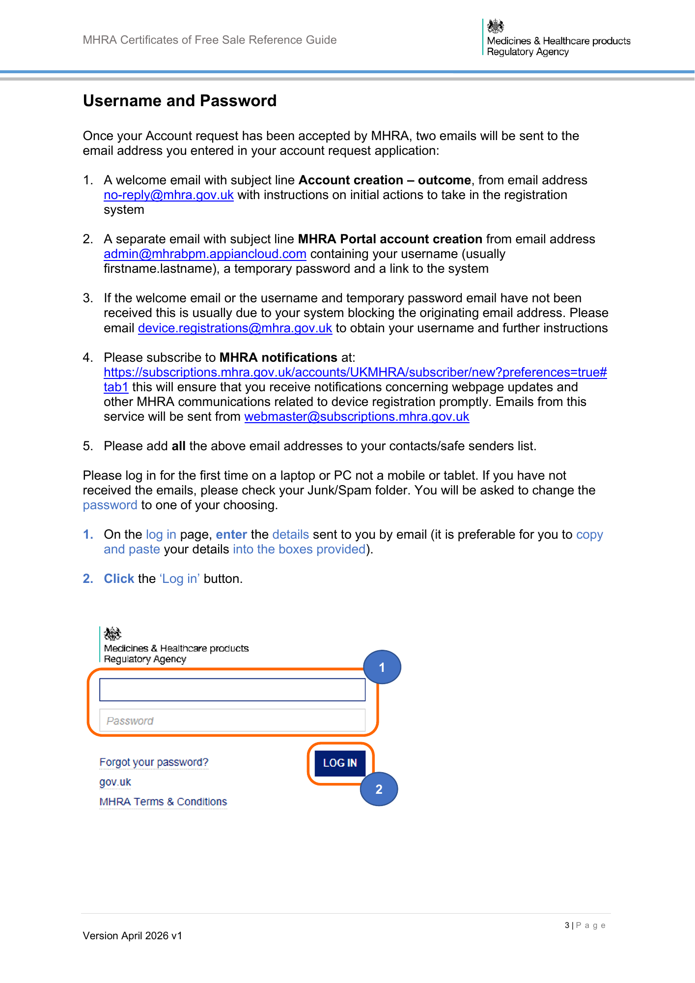MHRA Certificates of Free Sale Reference Guide April 2026 v1 — official PDF page 4