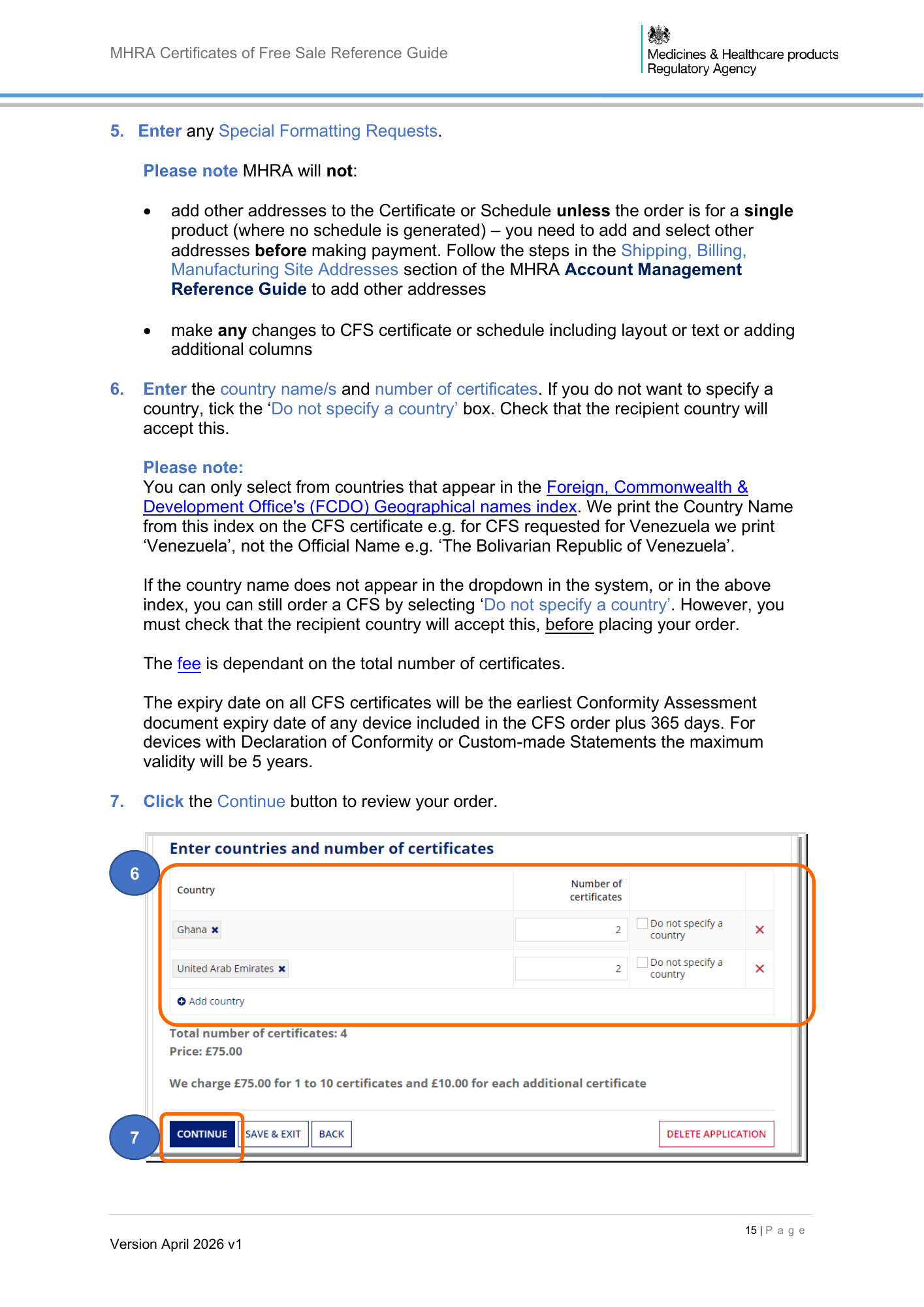 MHRA Certificates of Free Sale Reference Guide April 2026 v1 — official PDF page 16