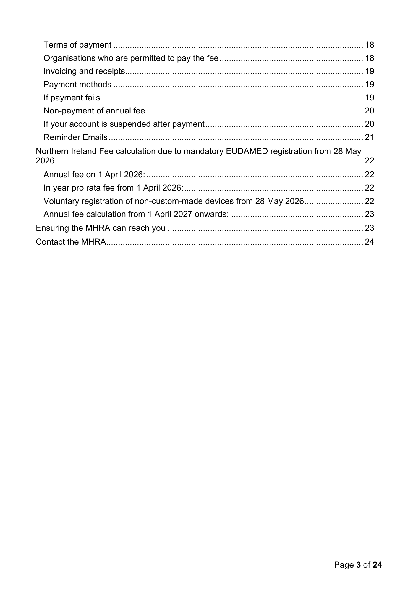 MHRA Device Registration Fee Guidance, April 2026 — official PDF page 3