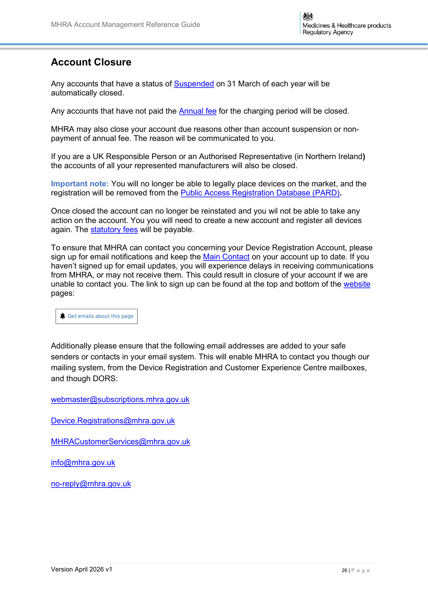 MHRA Account Management Reference Guide, April 2026 v1 — official PDF page 27