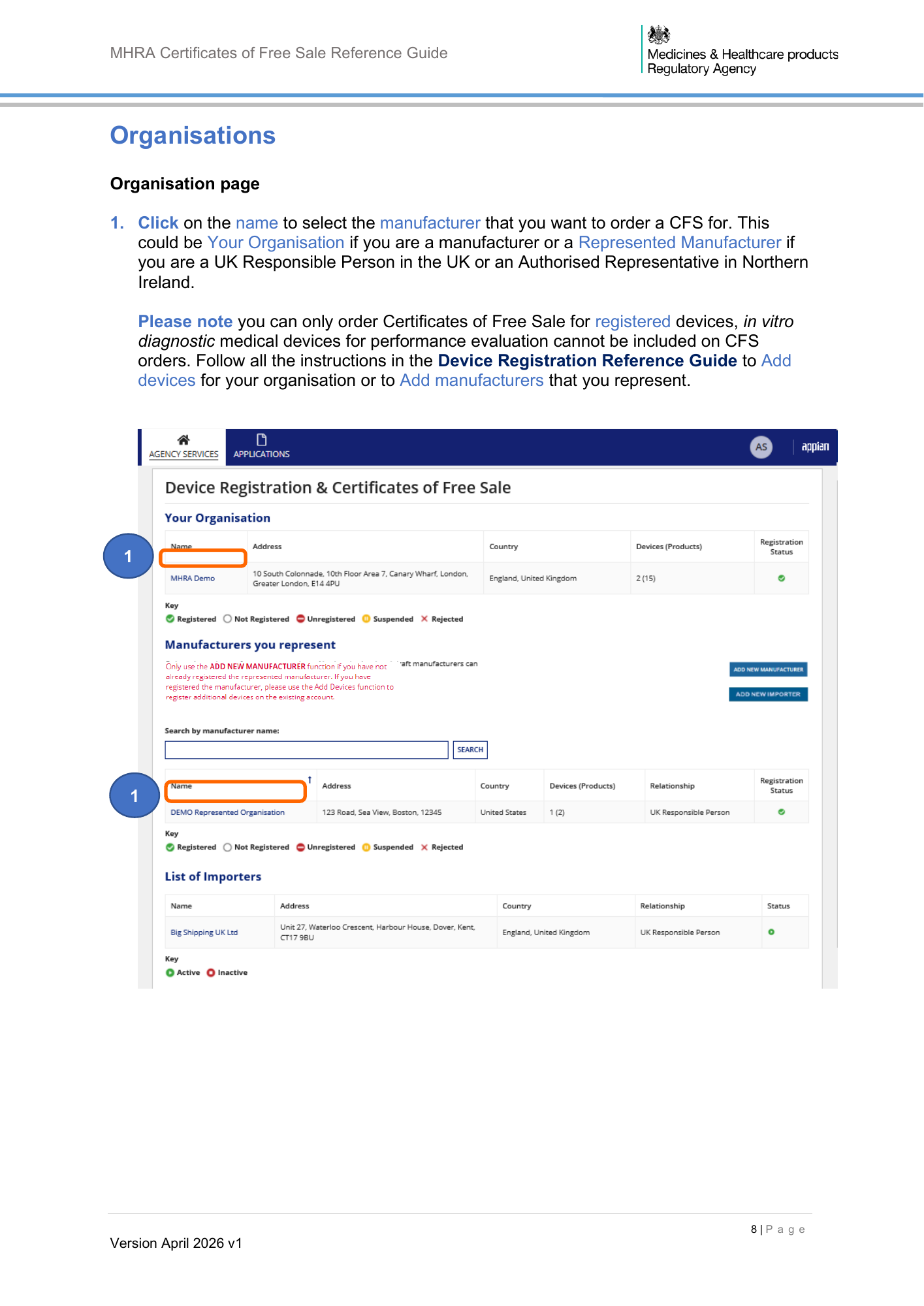 MHRA Certificates of Free Sale Reference Guide April 2026 v1 — official PDF page 9