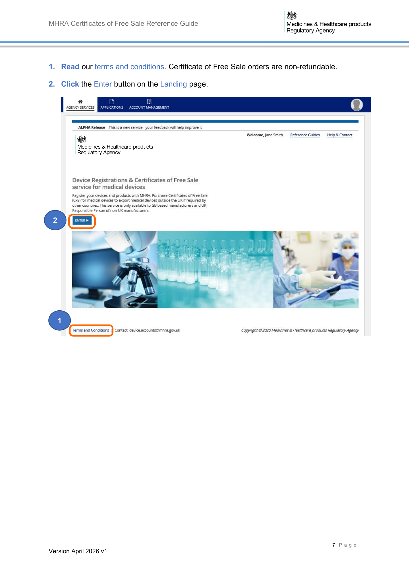 MHRA Certificates of Free Sale Reference Guide April 2026 v1 — official PDF page 8