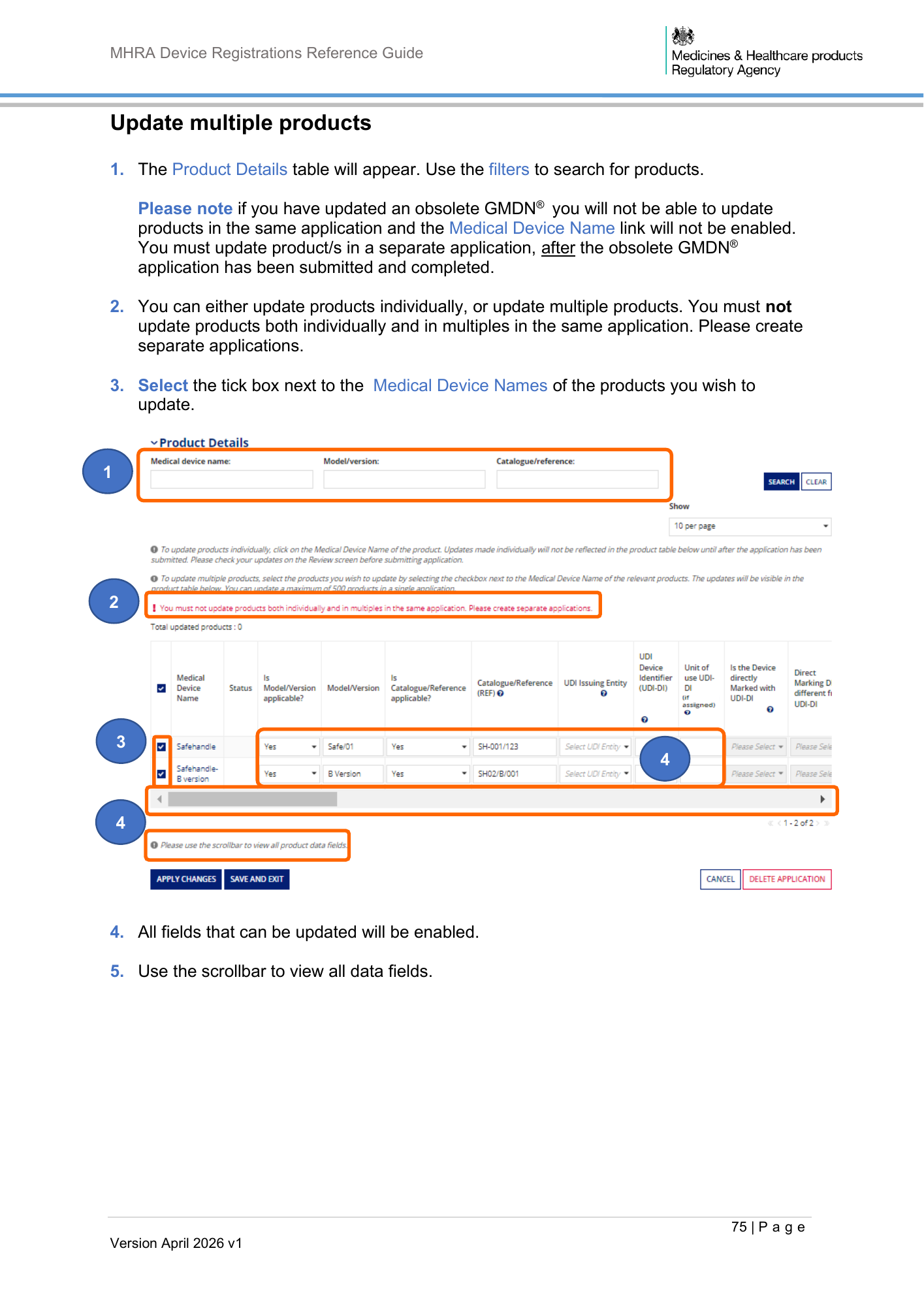 MHRA Device Registration Reference Guide, April 2026 v1 — official PDF page 76
