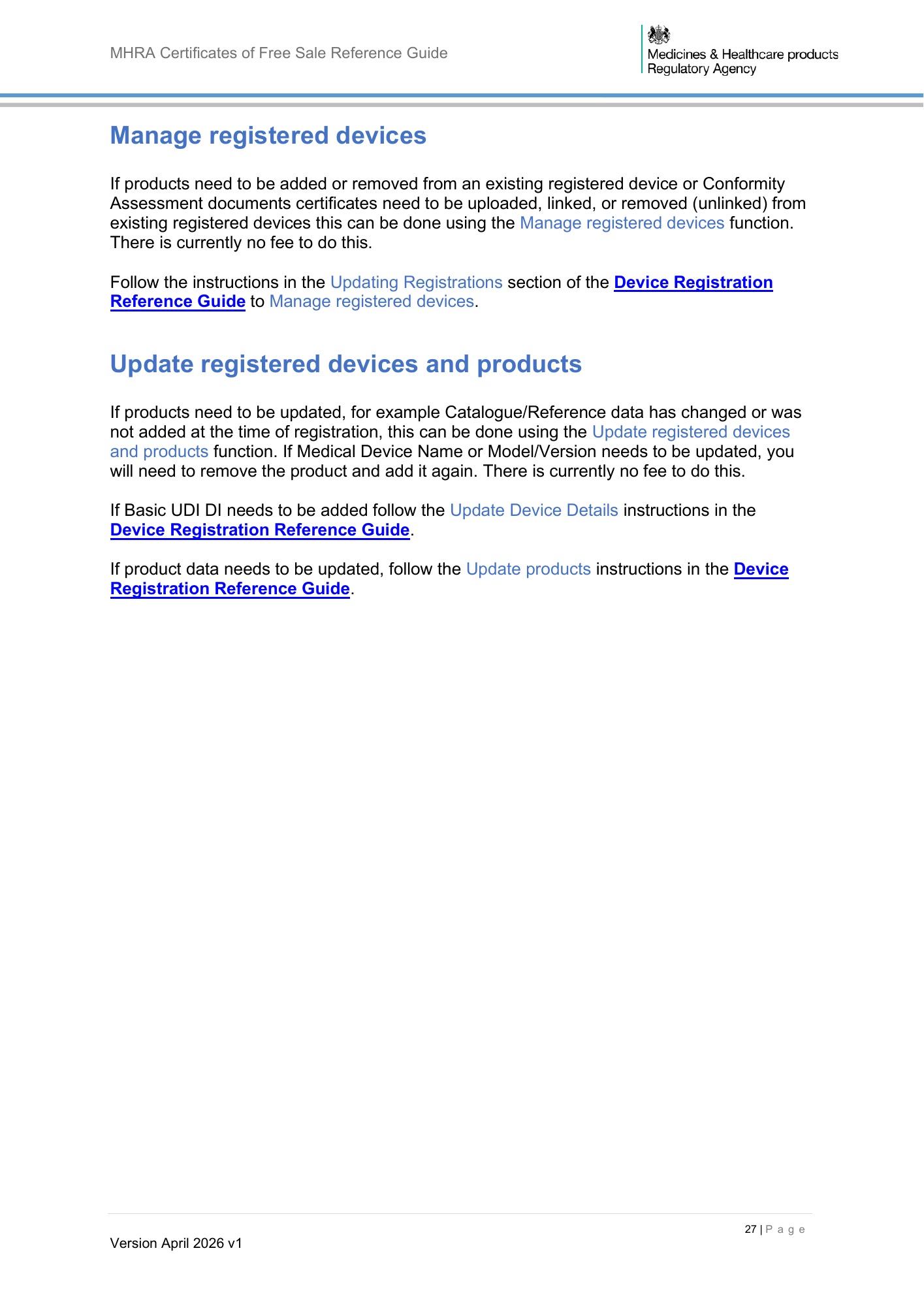 MHRA Certificates of Free Sale Reference Guide April 2026 v1 — official PDF page 28