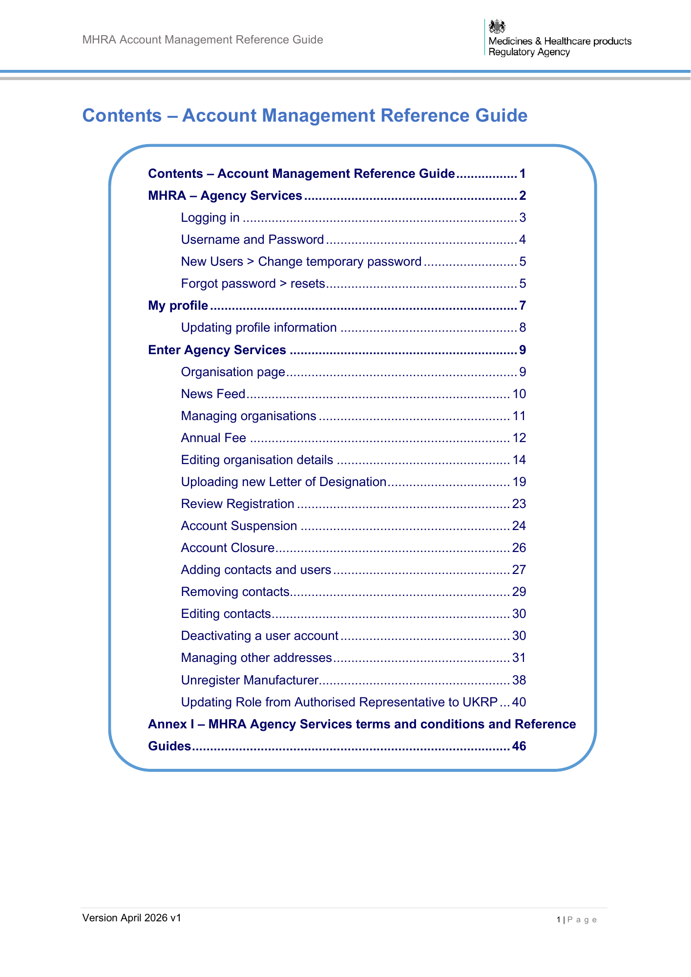 MHRA Account Management Reference Guide, April 2026 v1 — official PDF page 2