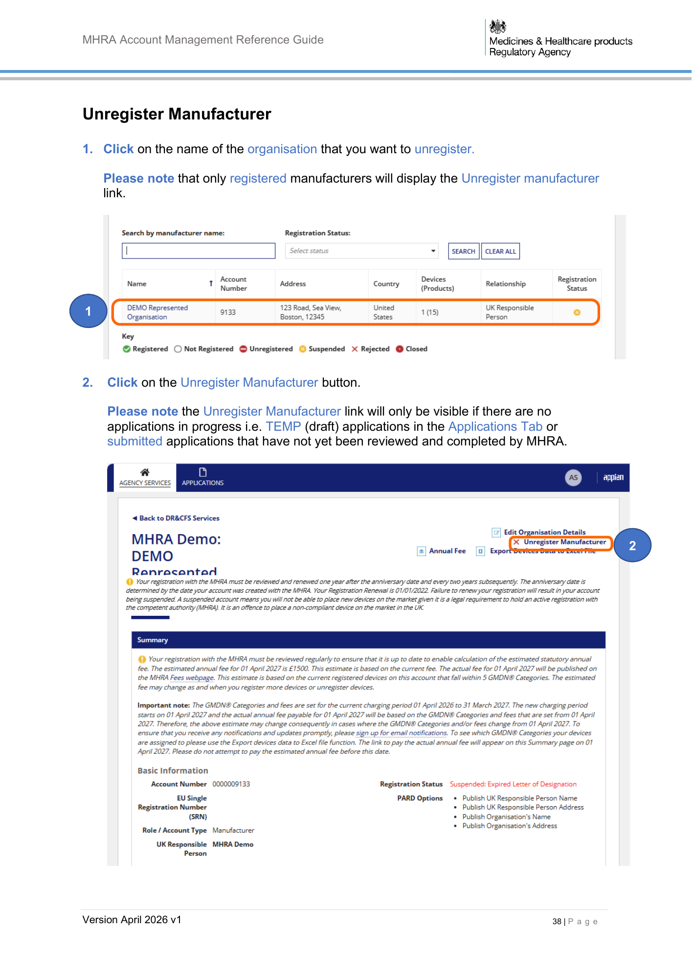 MHRA Account Management Reference Guide, April 2026 v1 — official PDF page 39