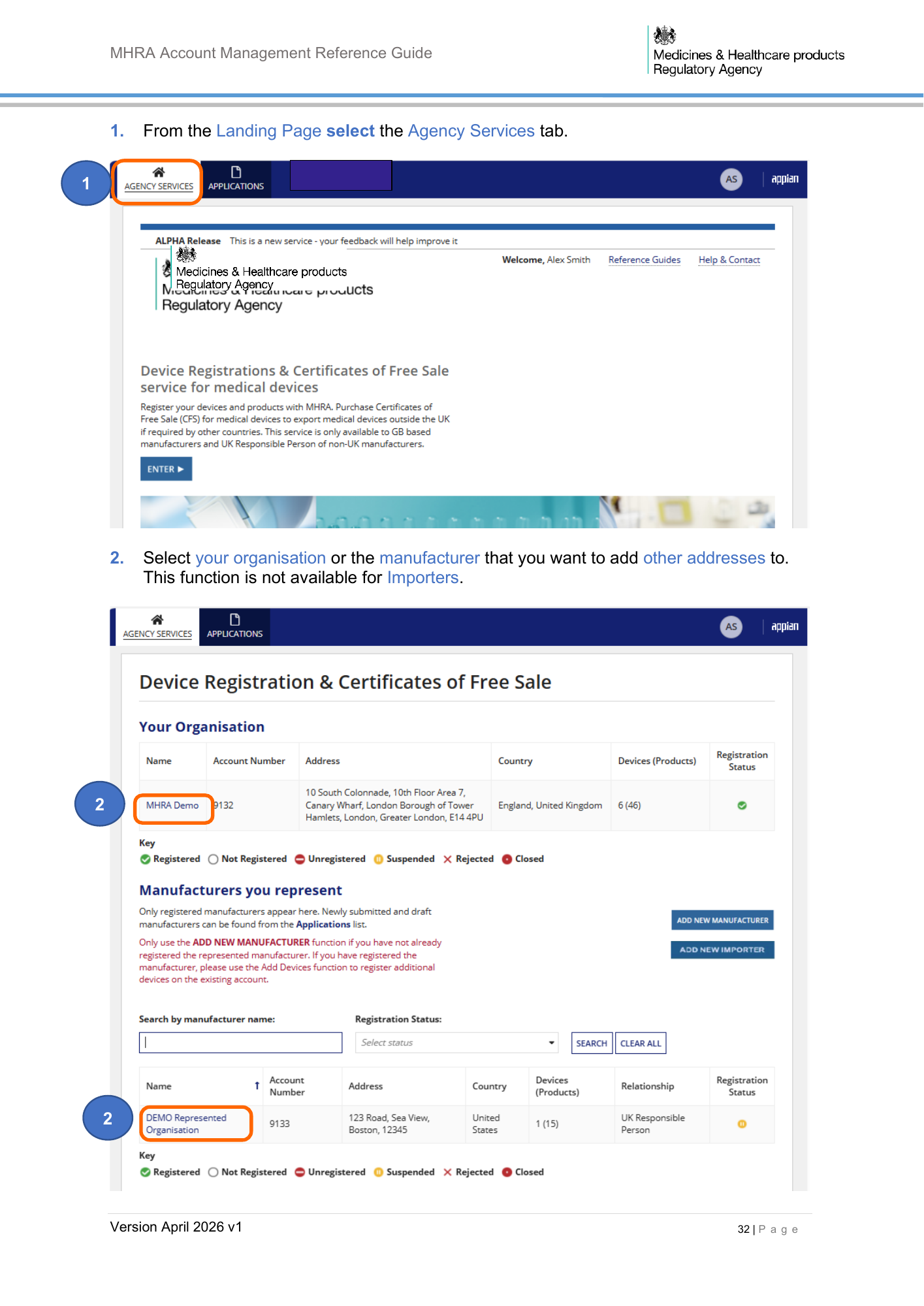 MHRA Account Management Reference Guide, April 2026 v1 — official PDF page 33