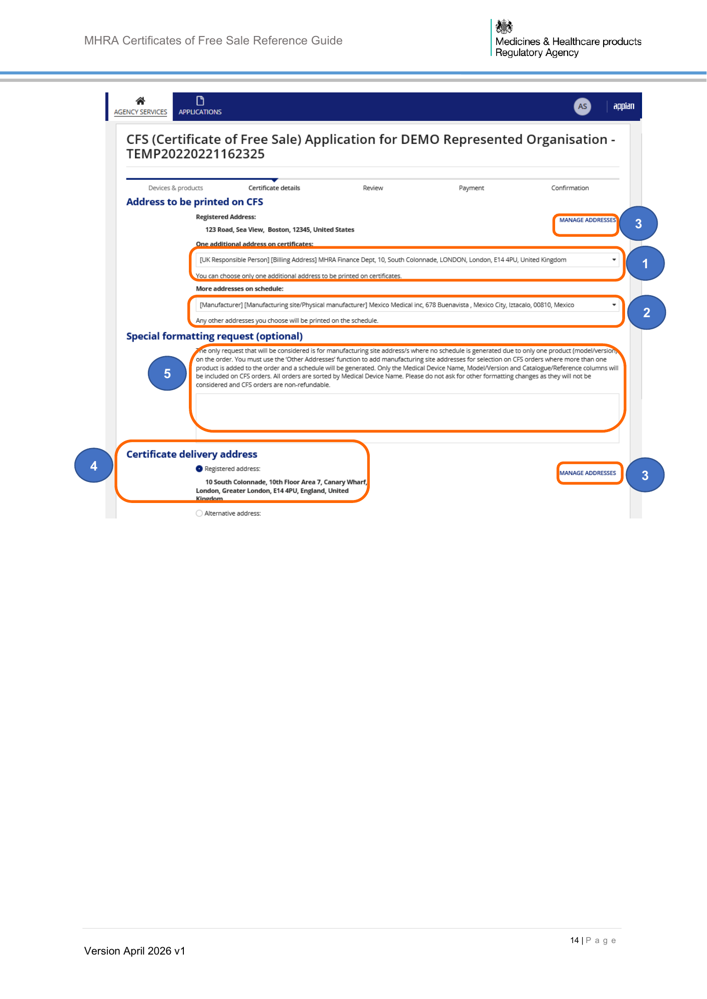 MHRA Certificates of Free Sale Reference Guide April 2026 v1 — official PDF page 15