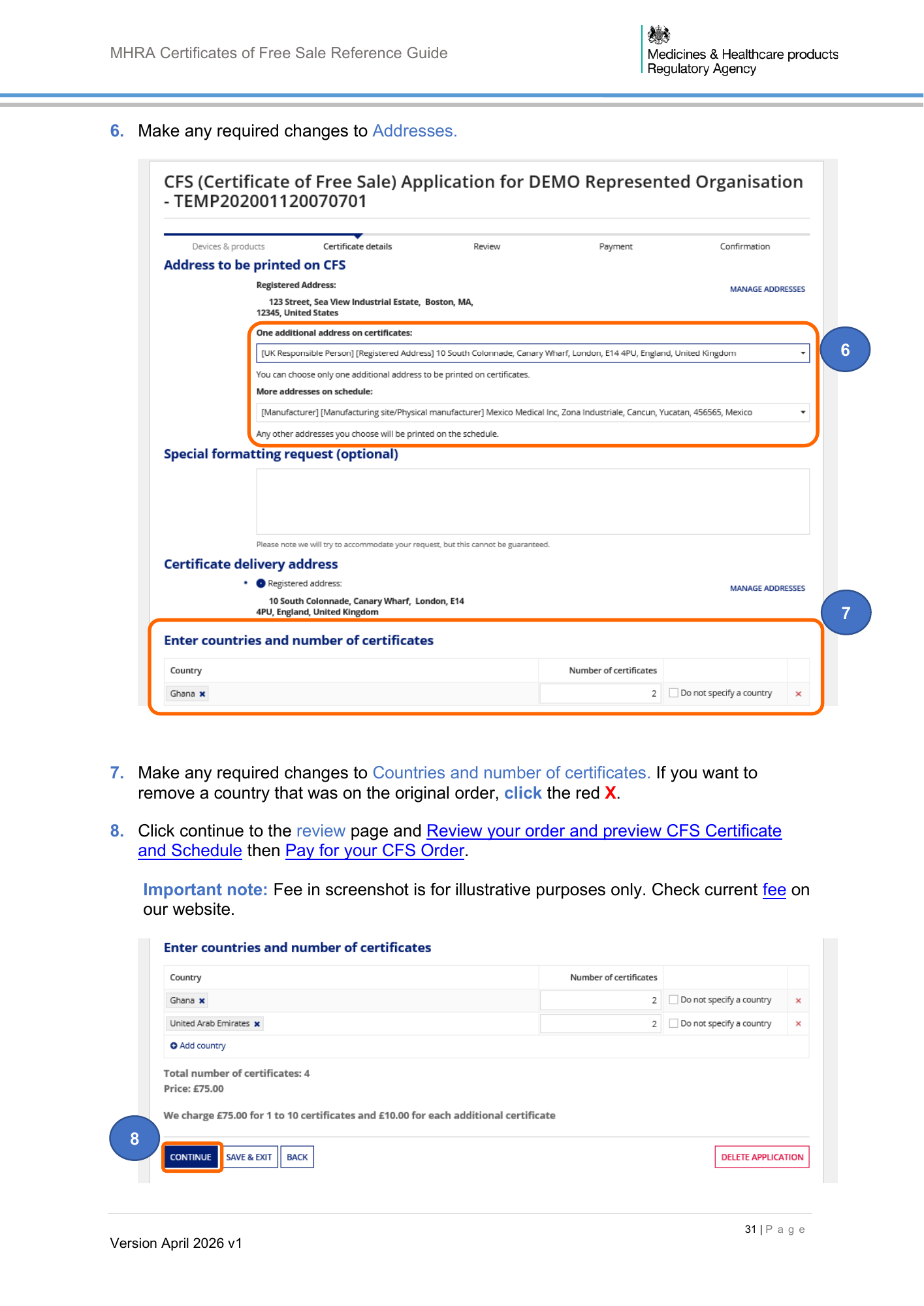 MHRA Certificates of Free Sale Reference Guide April 2026 v1 — official PDF page 32