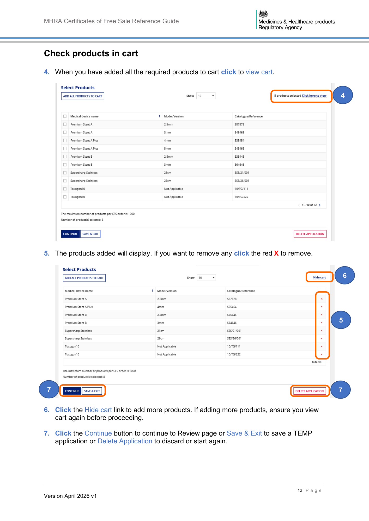 MHRA Certificates of Free Sale Reference Guide April 2026 v1 — official PDF page 13