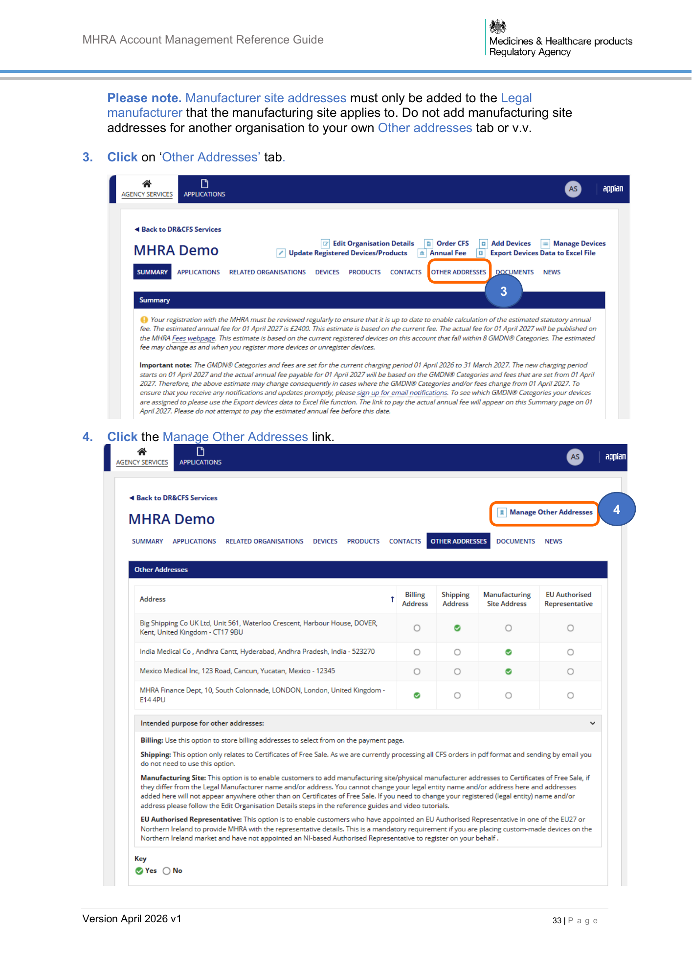 MHRA Account Management Reference Guide, April 2026 v1 — official PDF page 34