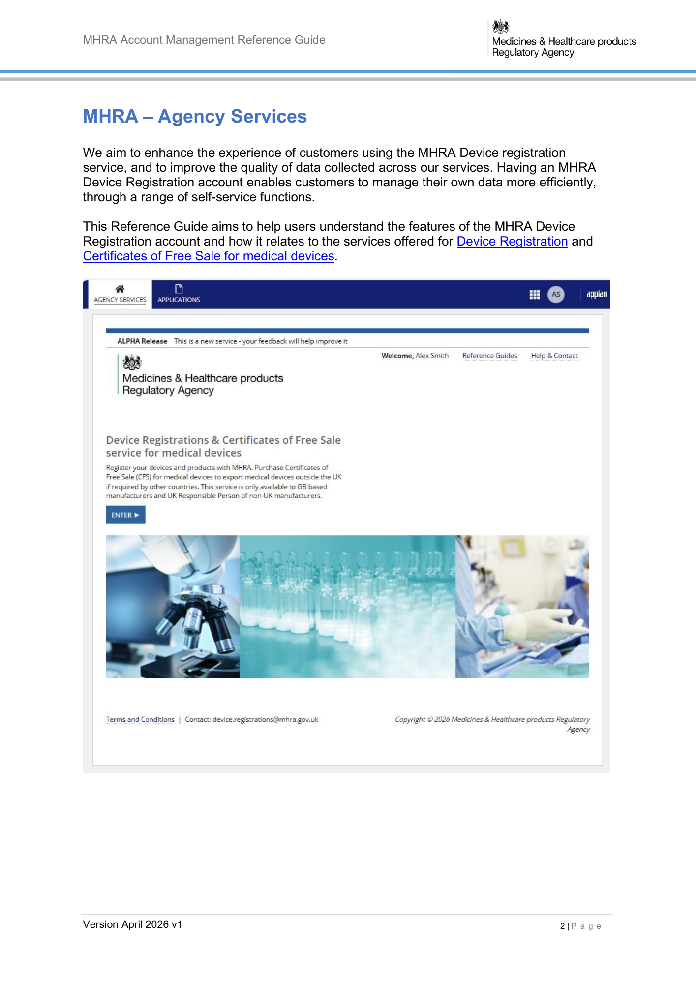 MHRA Account Management Reference Guide, April 2026 v1 — official PDF page 3
