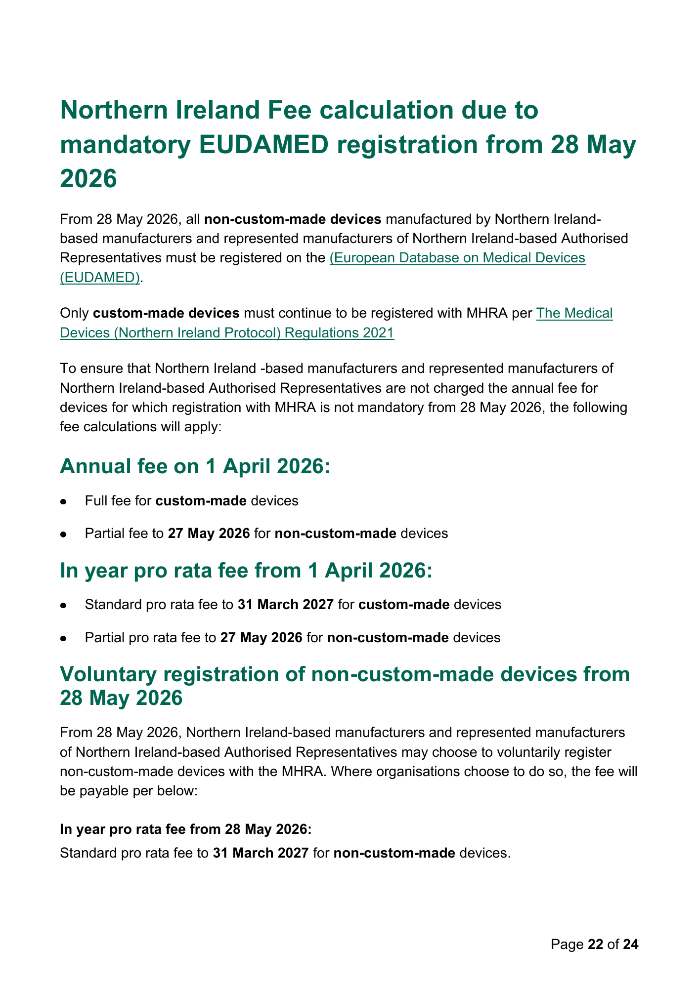MHRA Device Registration Fee Guidance, April 2026 — official PDF page 22