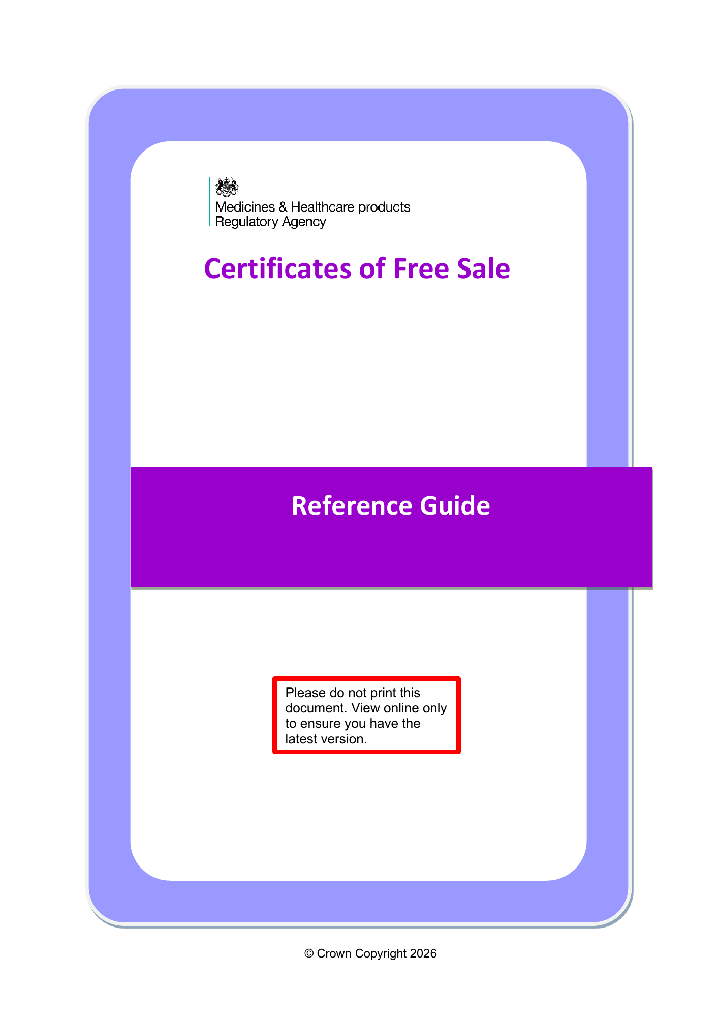 MHRA Certificates of Free Sale Reference Guide April 2026 v1 — official PDF page 1
