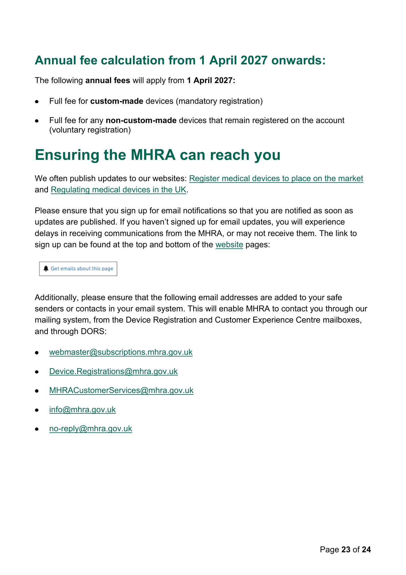 MHRA Device Registration Fee Guidance, April 2026 — official PDF page 23