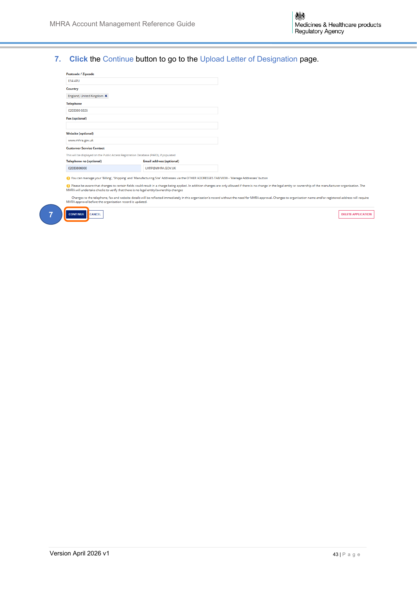 MHRA Account Management Reference Guide, April 2026 v1 — official PDF page 44