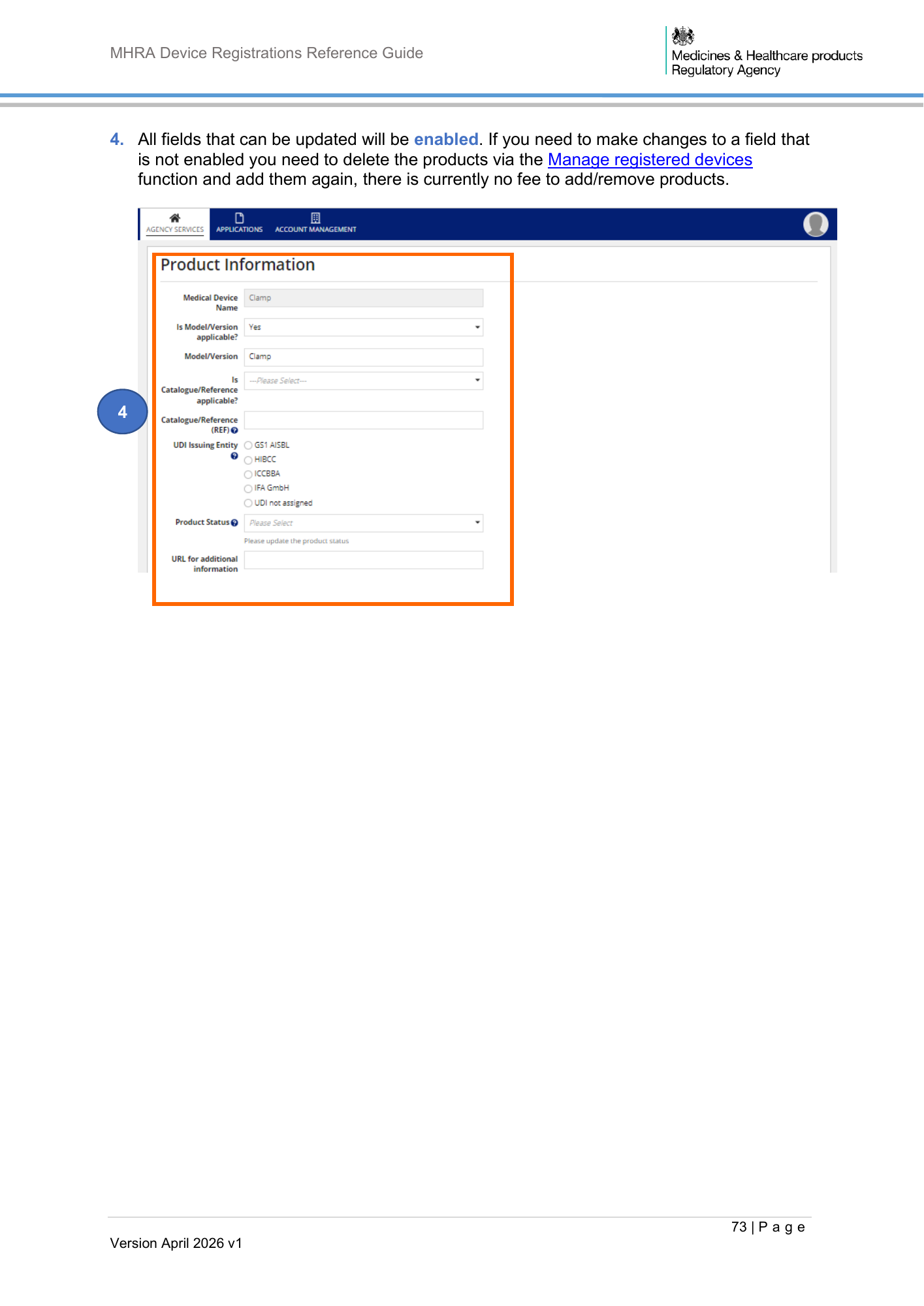 MHRA Device Registration Reference Guide, April 2026 v1 — official PDF page 74