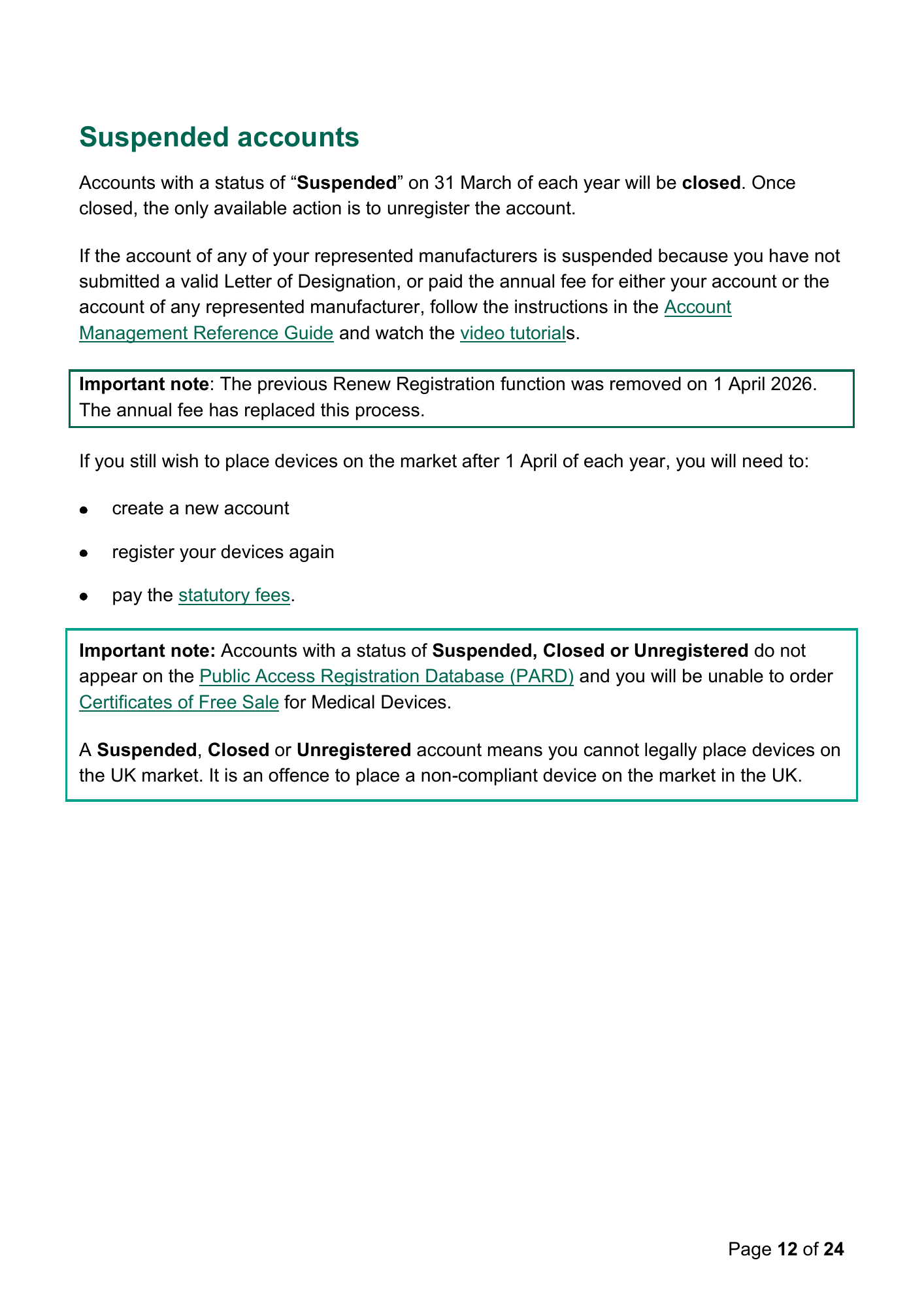 MHRA Device Registration Fee Guidance, April 2026 — official PDF page 12