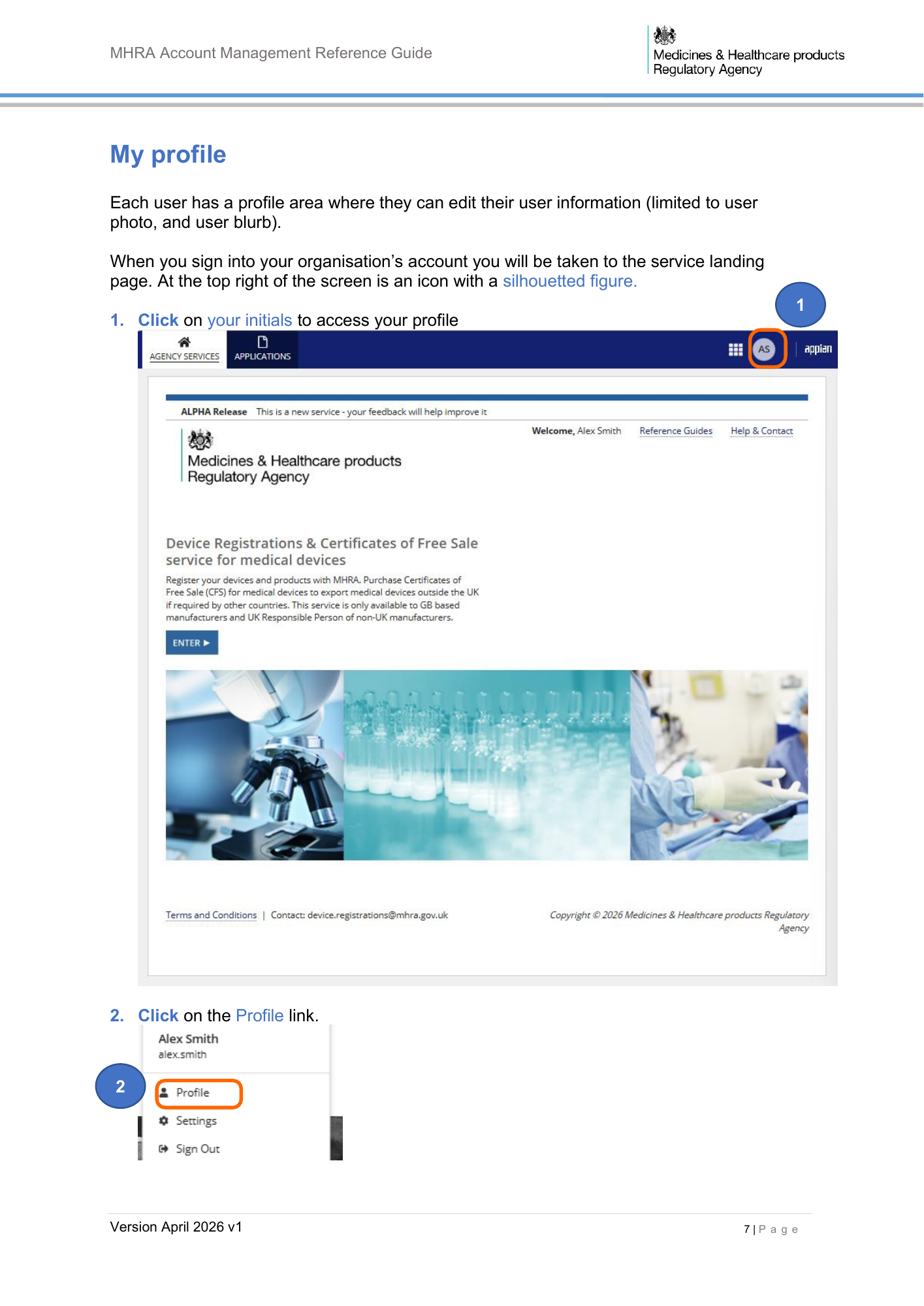 MHRA Account Management Reference Guide, April 2026 v1 — official PDF page 8