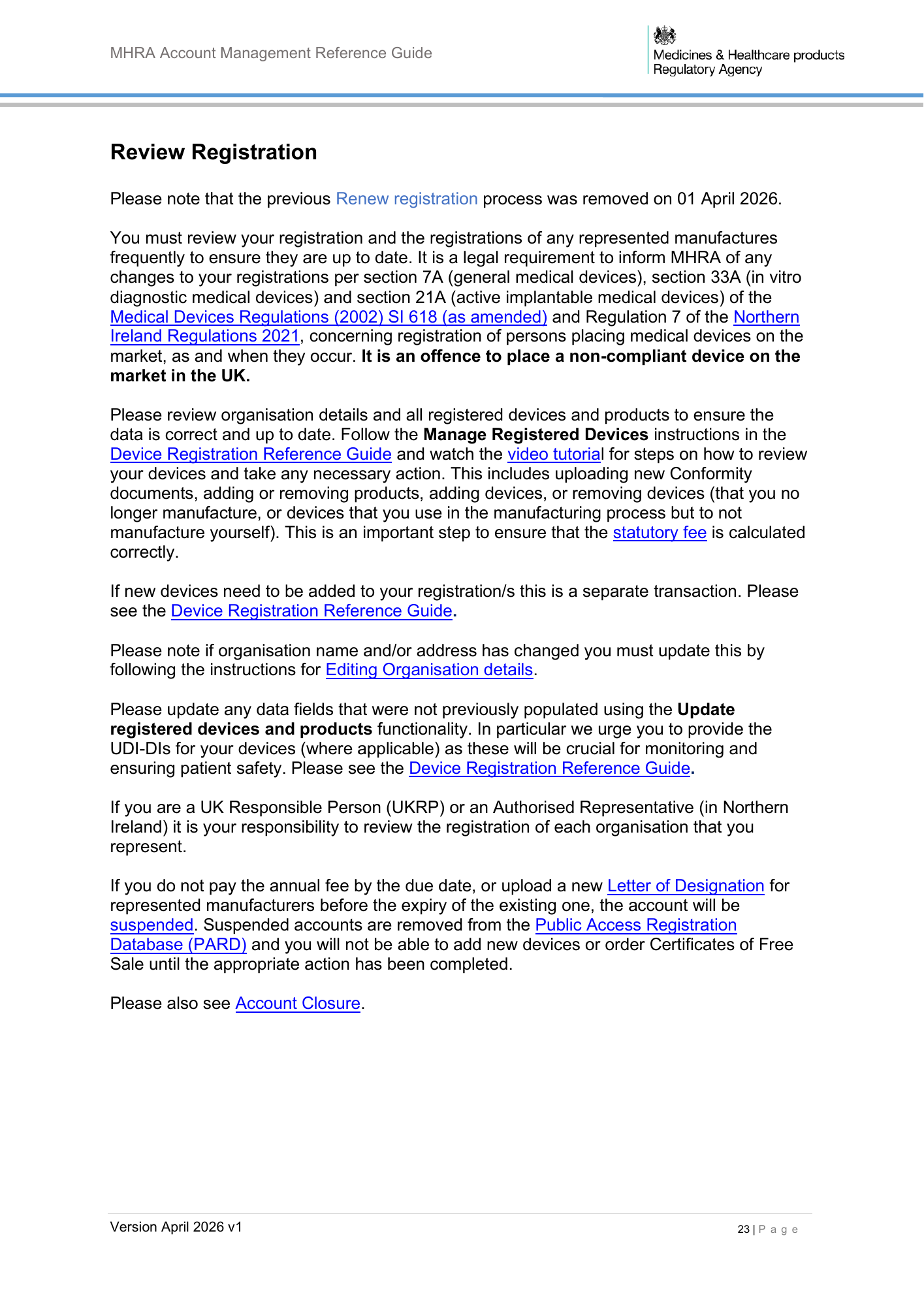 MHRA Account Management Reference Guide, April 2026 v1 — official PDF page 24