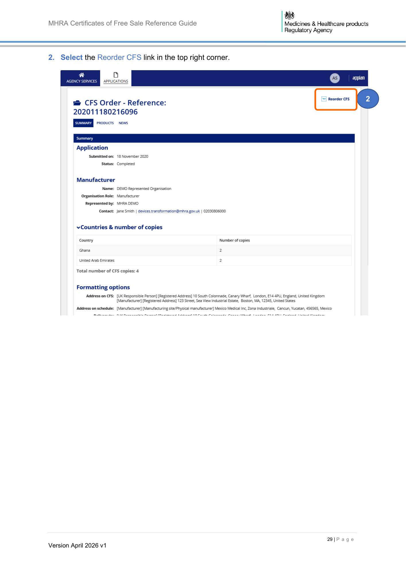 MHRA Certificates of Free Sale Reference Guide April 2026 v1 — official PDF page 30