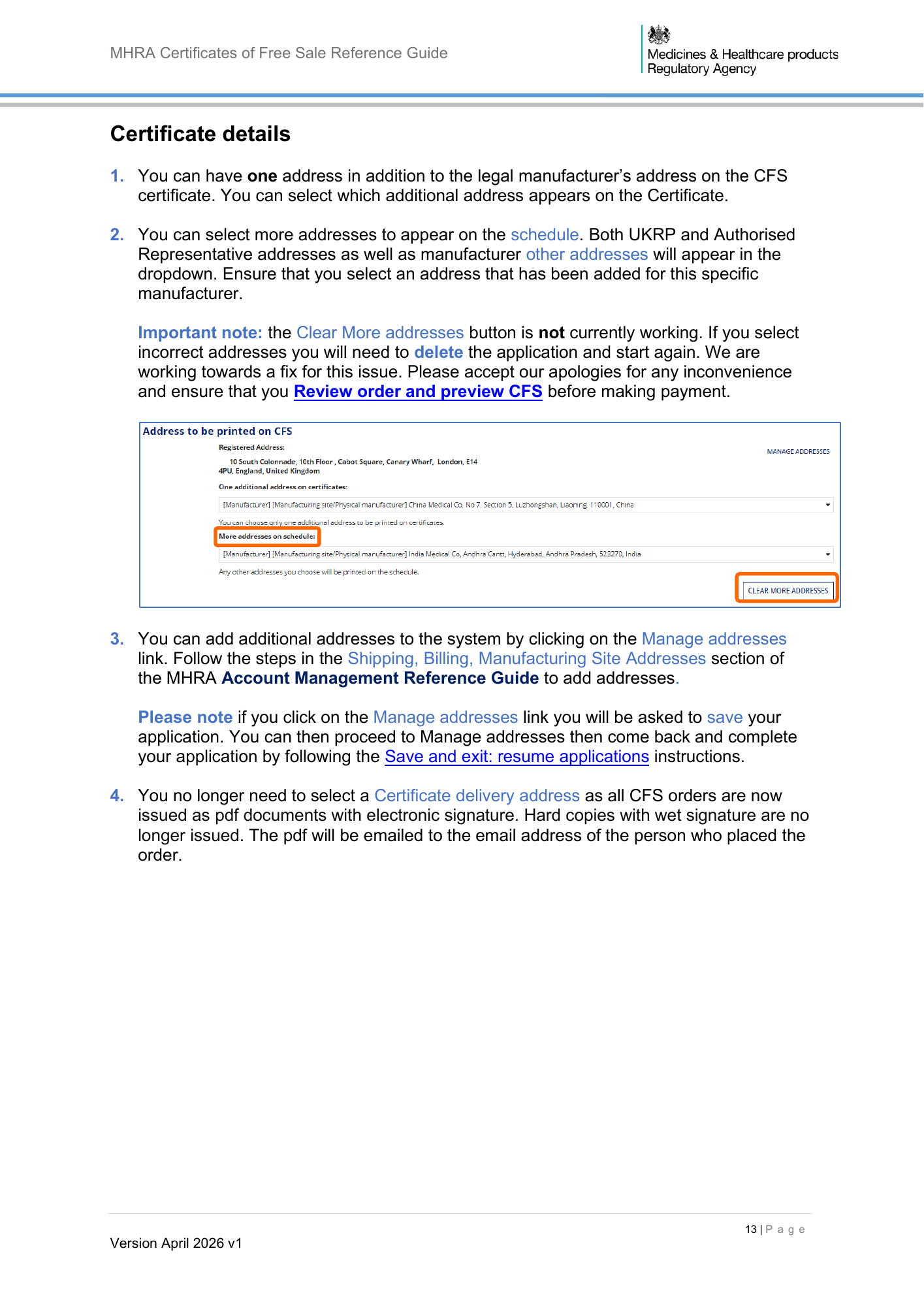 MHRA Certificates of Free Sale Reference Guide April 2026 v1 — official PDF page 14