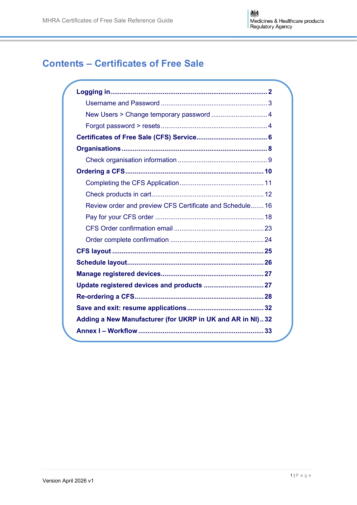 MHRA Certificates of Free Sale Reference Guide April 2026 v1 — official PDF page 2