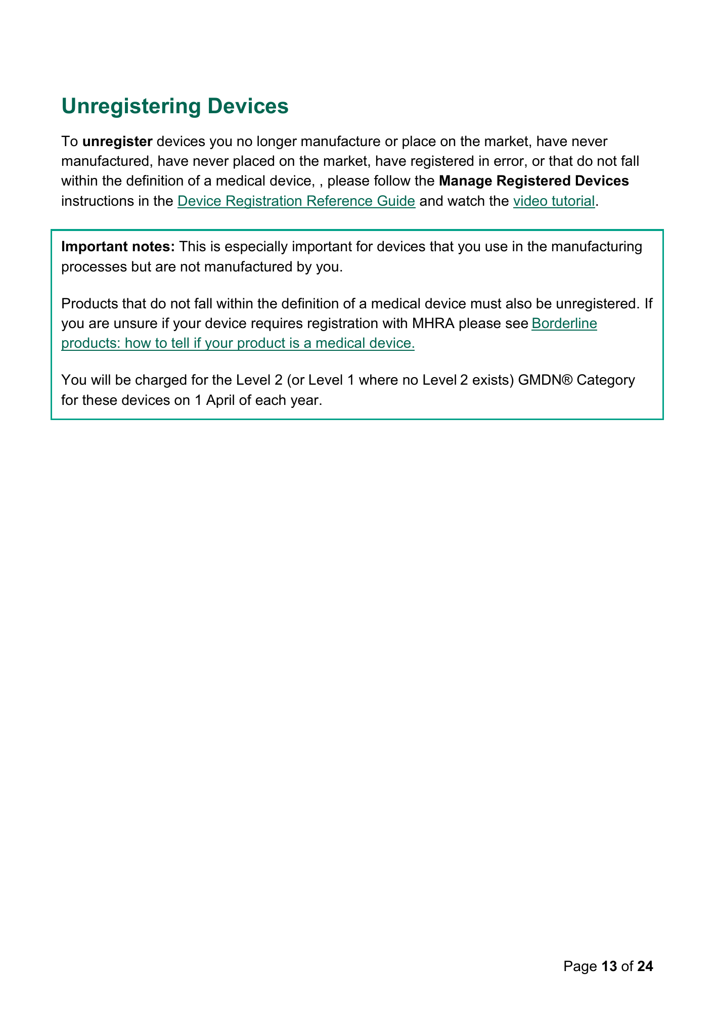 MHRA Device Registration Fee Guidance, April 2026 — official PDF page 13