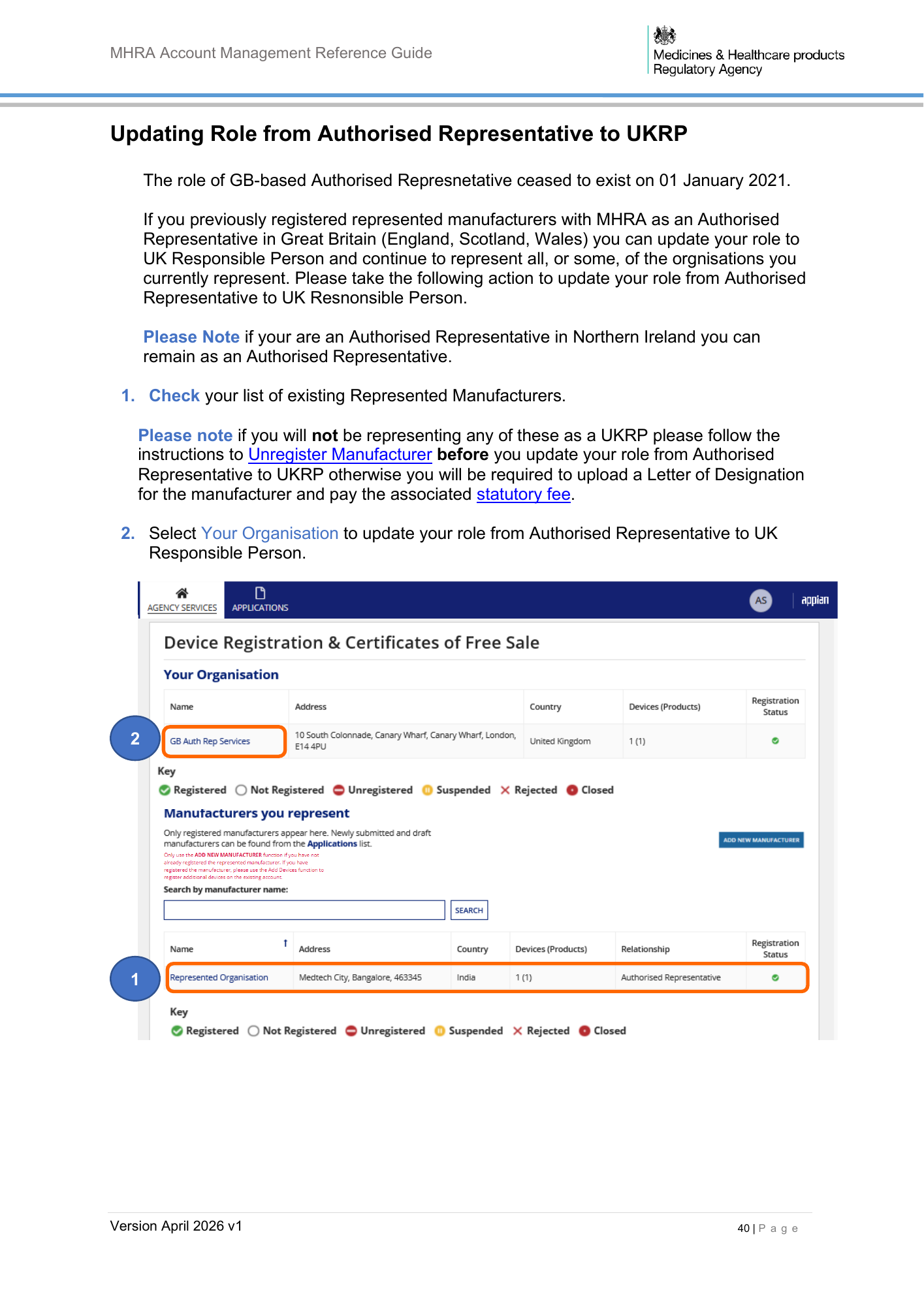 MHRA Account Management Reference Guide, April 2026 v1 — official PDF page 41