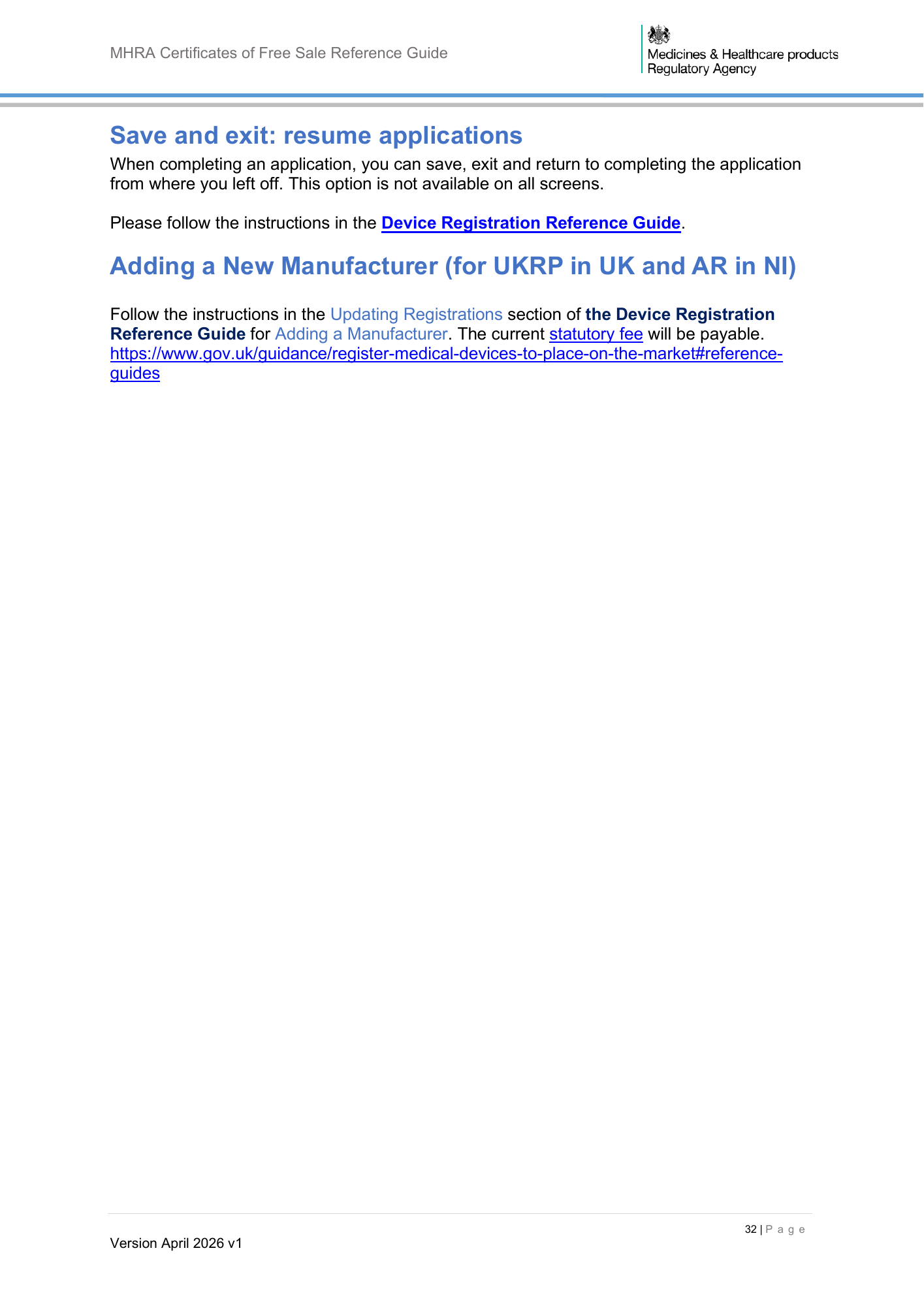 MHRA Certificates of Free Sale Reference Guide April 2026 v1 — official PDF page 33