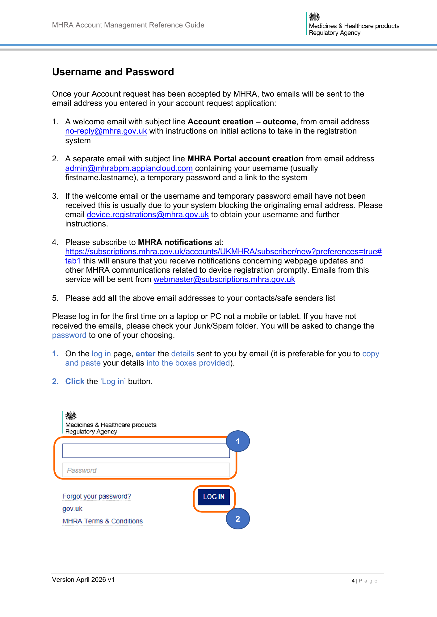 MHRA Account Management Reference Guide, April 2026 v1 — official PDF page 5