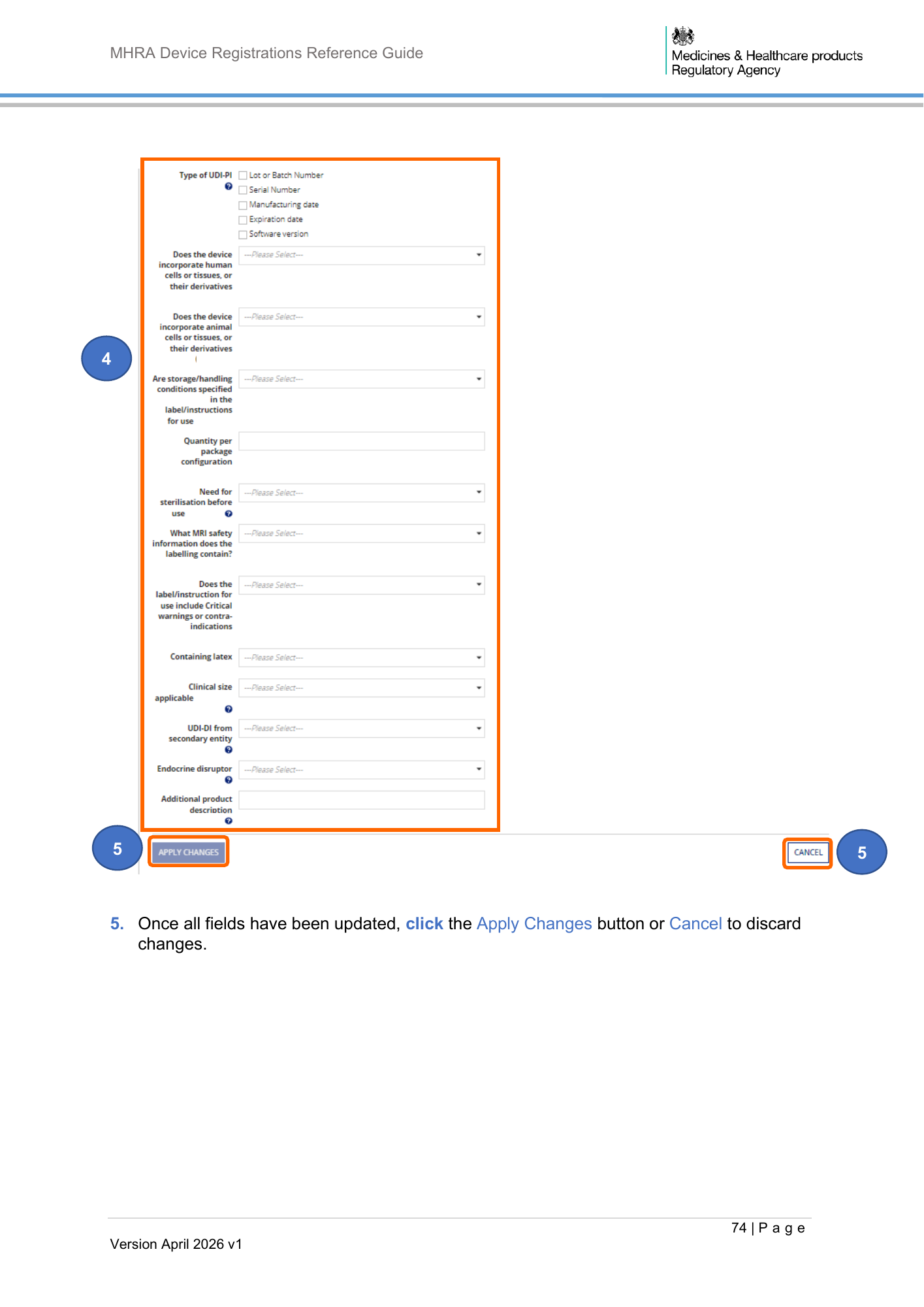 MHRA Device Registration Reference Guide, April 2026 v1 — official PDF page 75