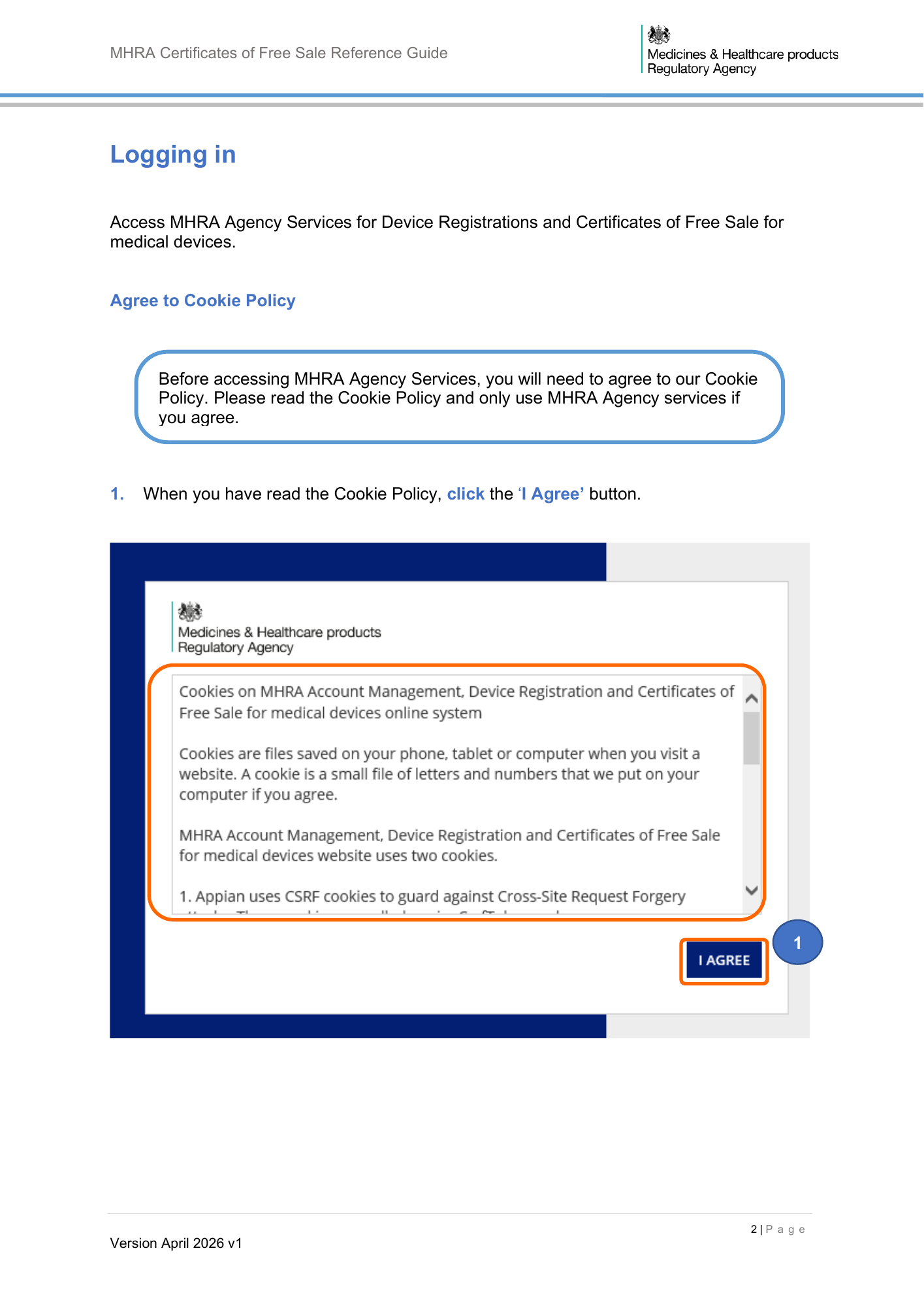 MHRA Certificates of Free Sale Reference Guide April 2026 v1 — official PDF page 3
