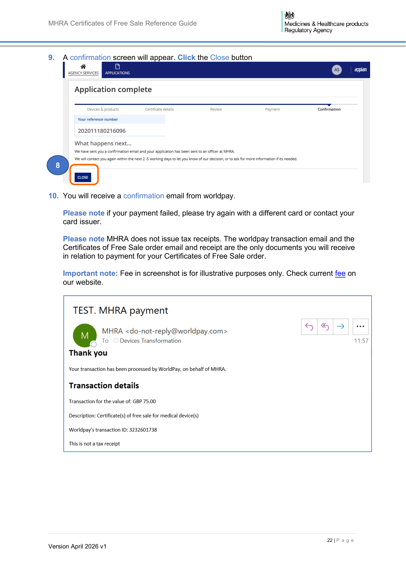 MHRA Certificates of Free Sale Reference Guide April 2026 v1 — official PDF page 23