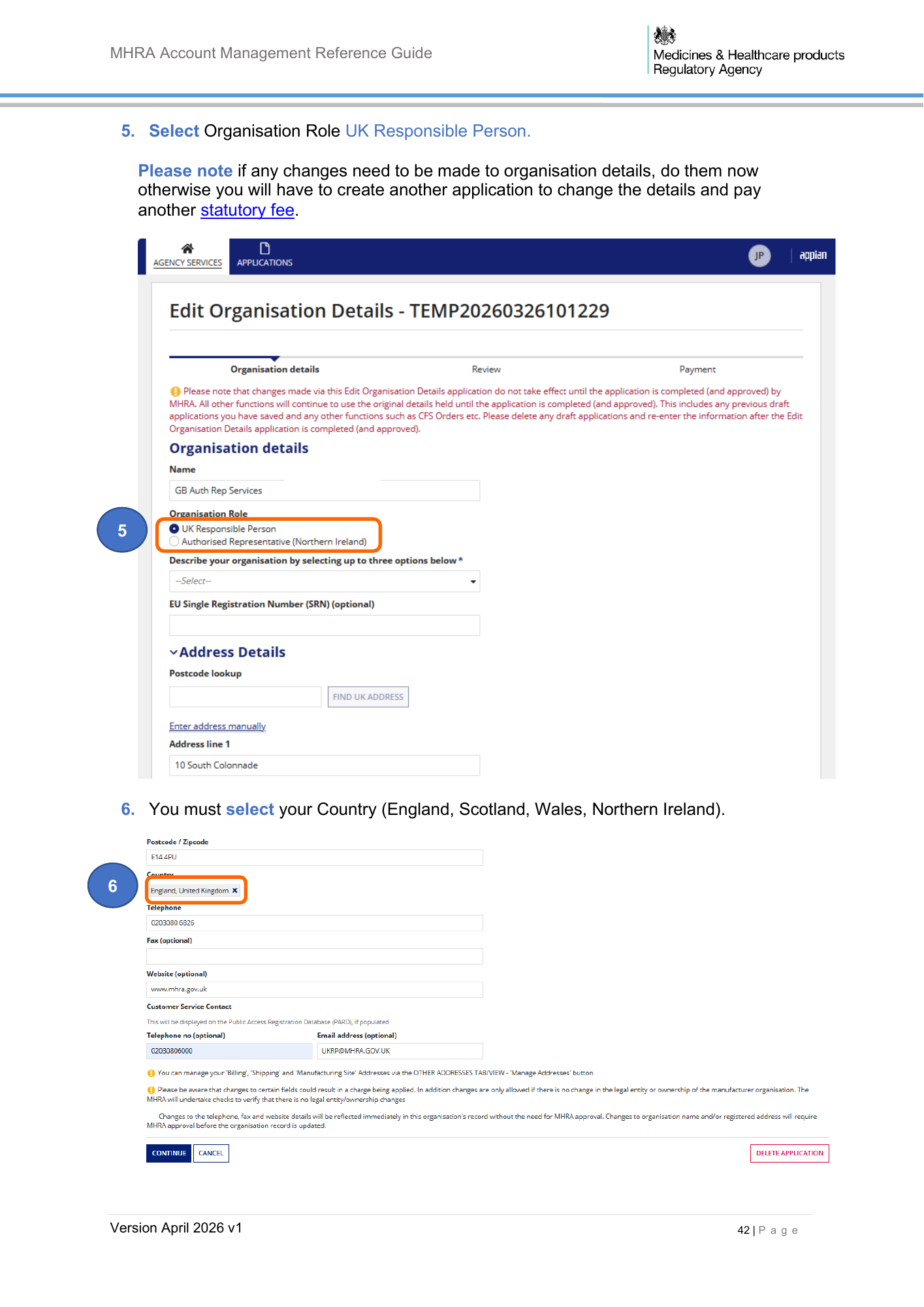MHRA Account Management Reference Guide, April 2026 v1 — official PDF page 43