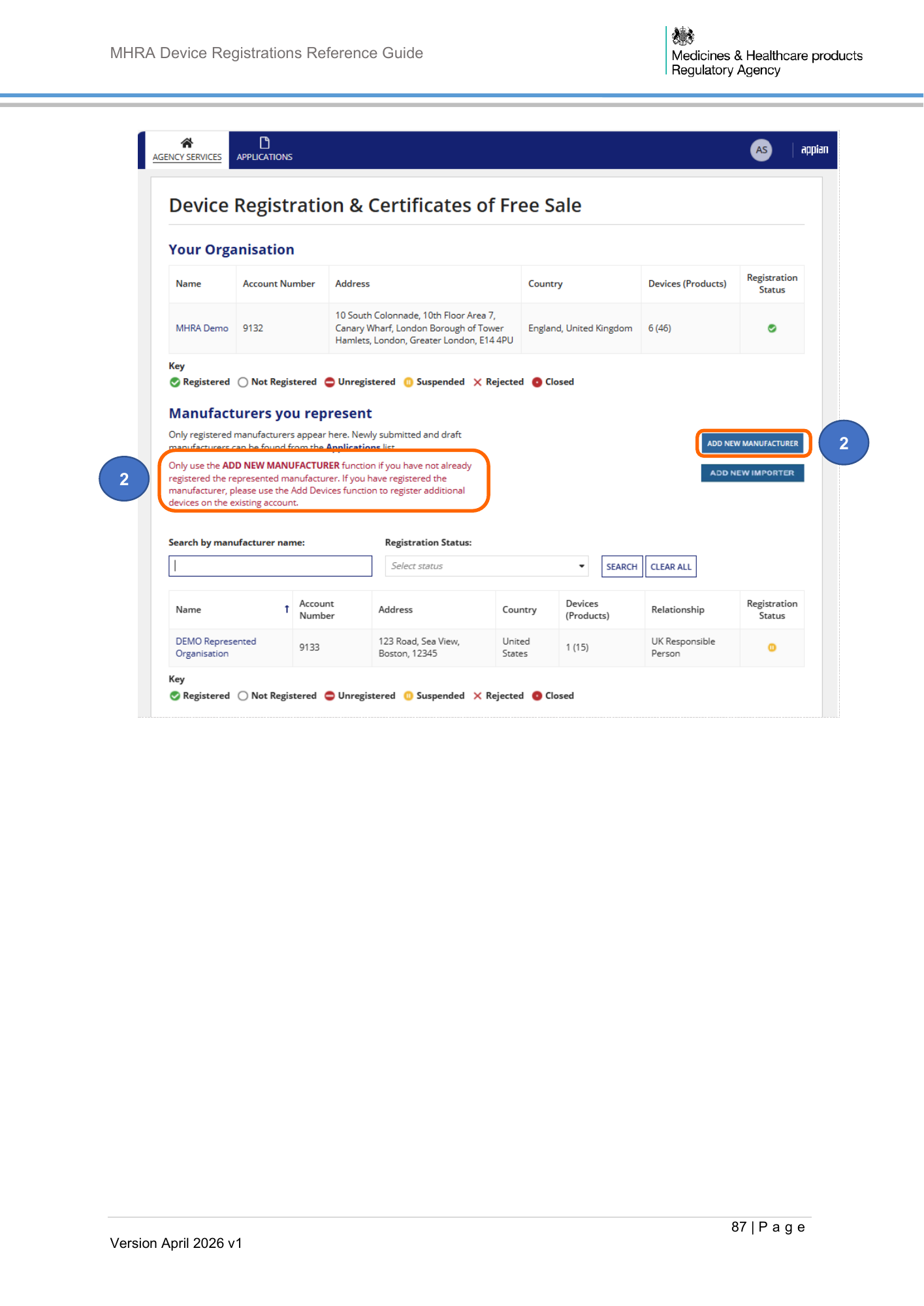 MHRA Device Registration Reference Guide, April 2026 v1 — official PDF page 88