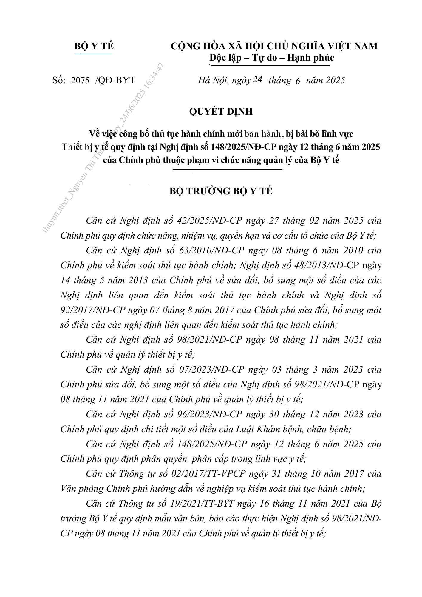 Quyết định 2075/QĐ-BYT — original official PDF physical page 1; complete source layout, tables and image text retained