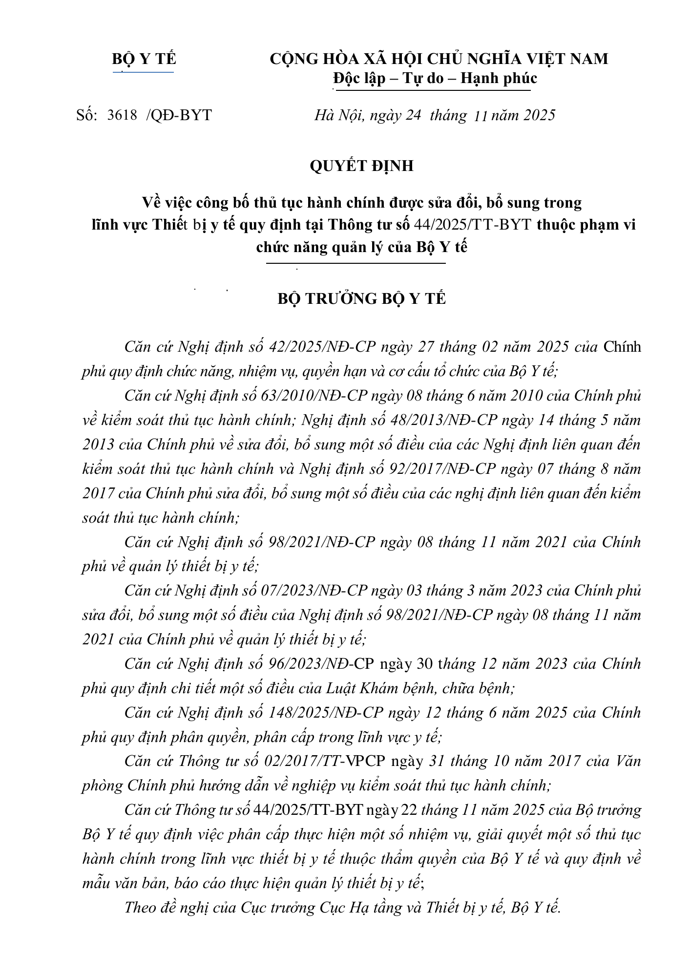 Quyết định 3618/QĐ-BYT — original official PDF physical page 1; complete source layout, tables and image text retained